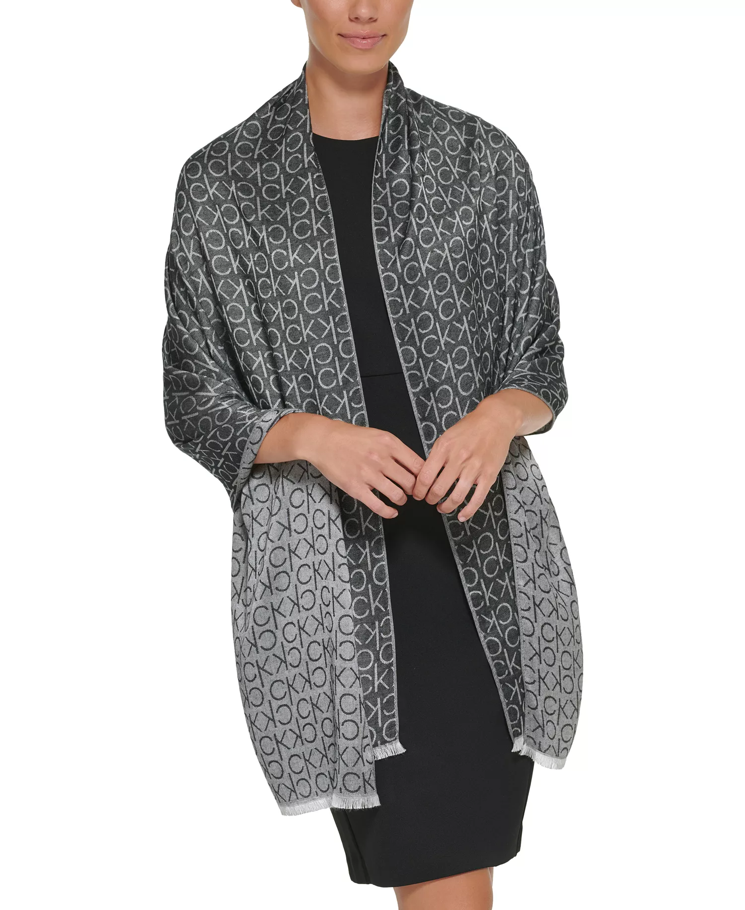 Monogram CK Logo-Print Pashmina Wrap Scarf - Black - ONE SIZE