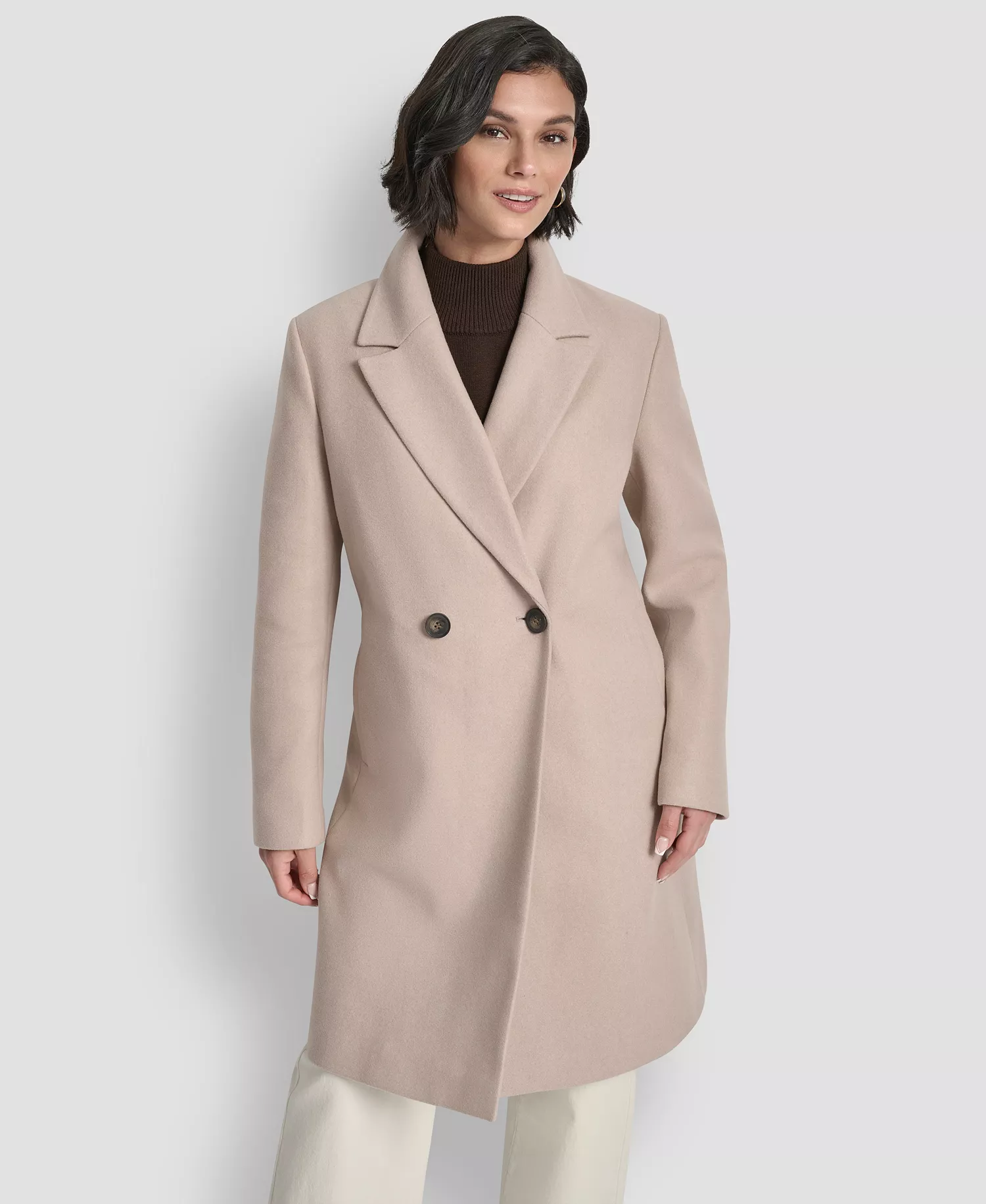 Women's Double-Breasted Notch Collar Coat - Beige Melange - L