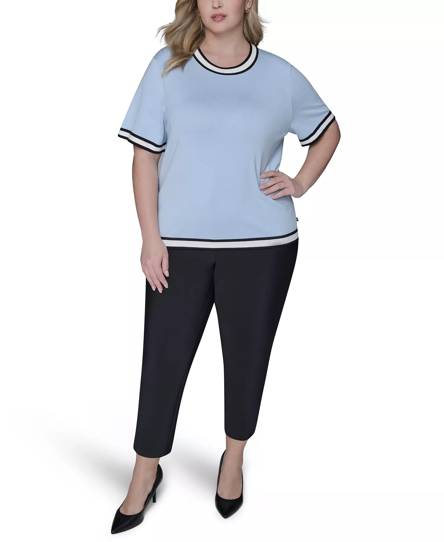 Women's Plus Size Crew Neck Short-Sleeve Sweater - Black - 0X
