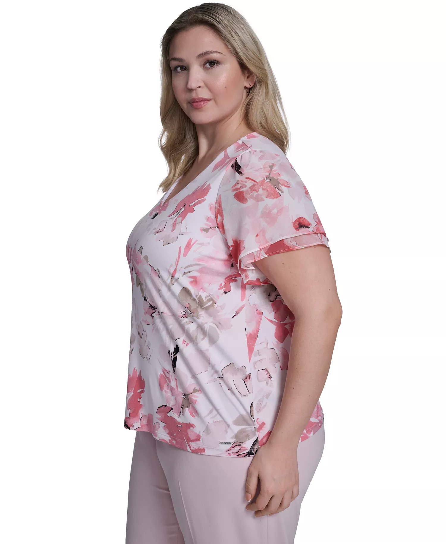 Plus Size Printed V-Neck Short-Sleeve Top - Petal/Latte Multi - 1X