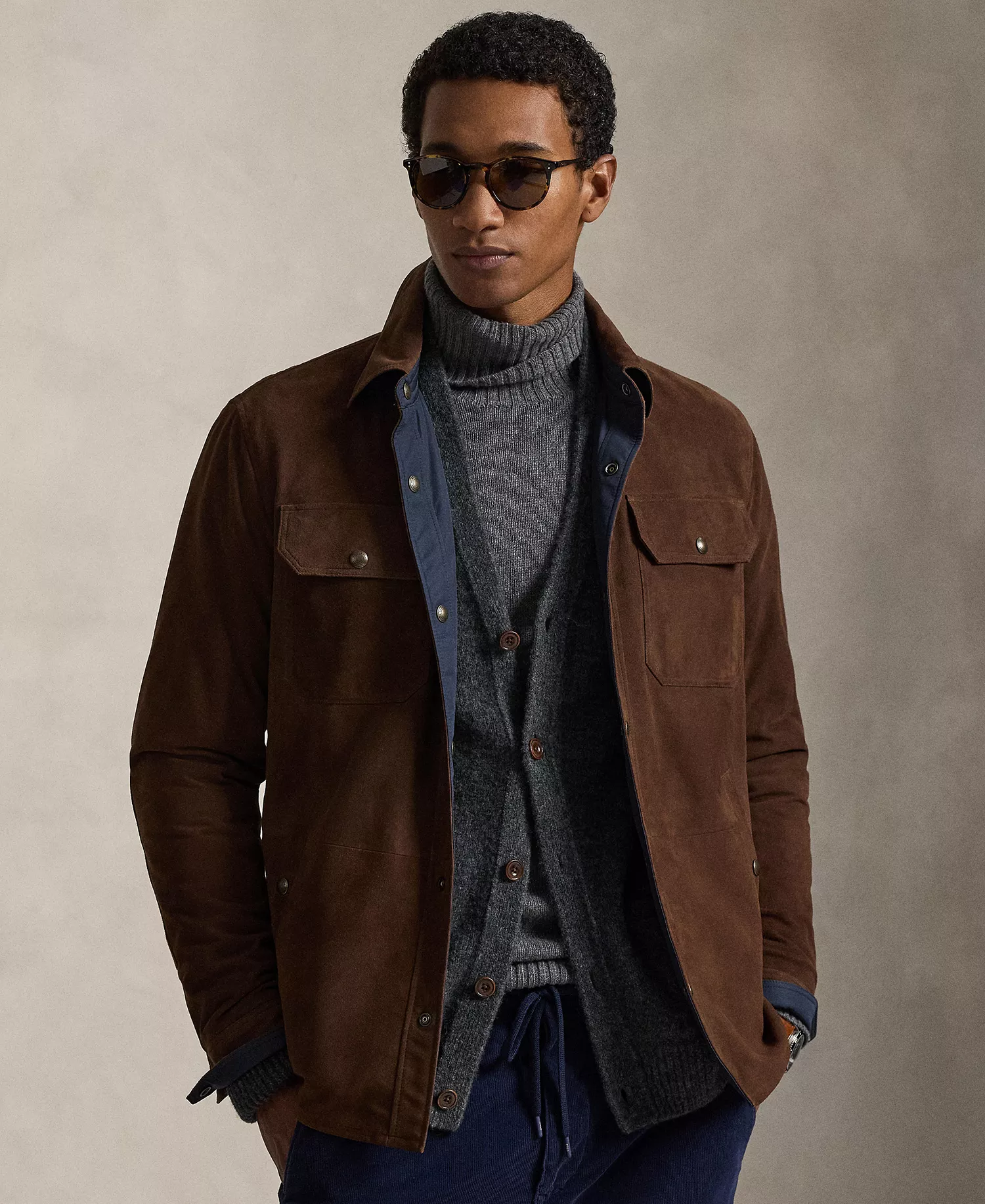 Men's Reversible Suede-Taffeta Shirt Jacket - Cooper Brown/collection Navy - XL