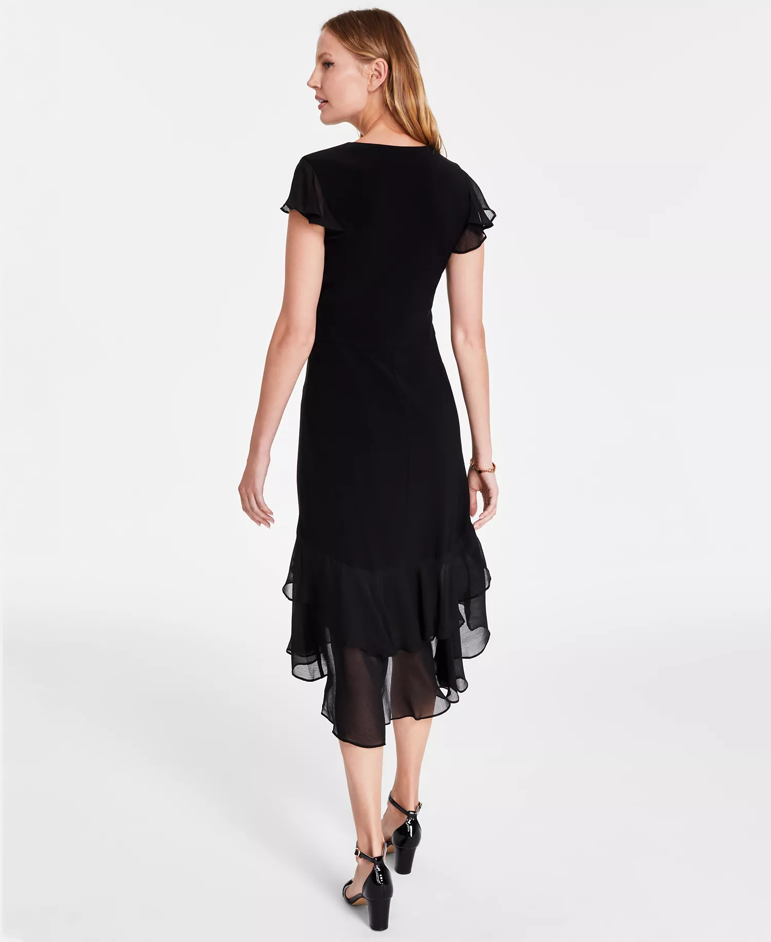 Women's V-Neck Chiffon-Trim Midi Dress with Flutter Sleeves - Black - 10