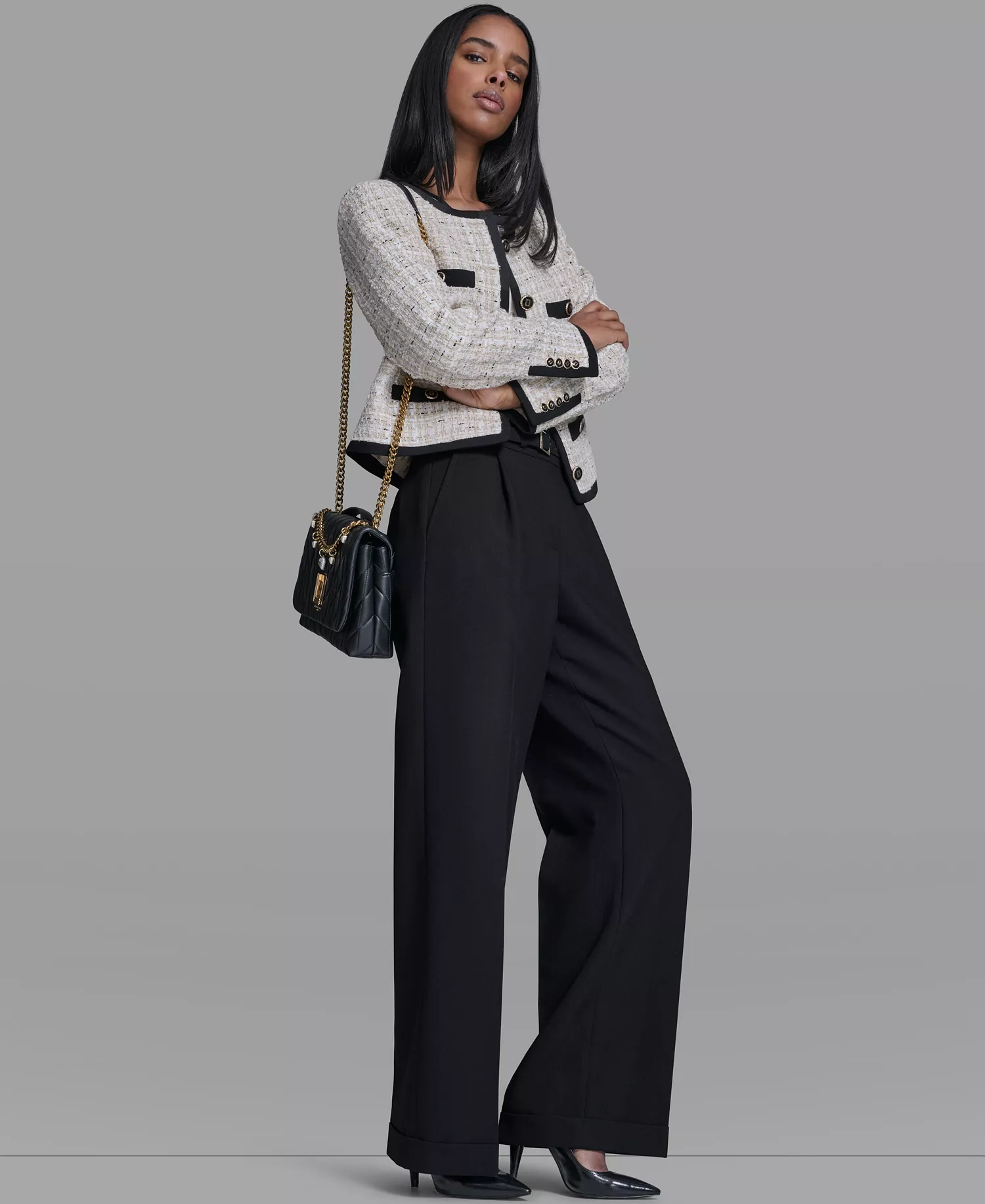 Women's Five-Button Round Neck Tweed Jacket - French Beige Multi - 0