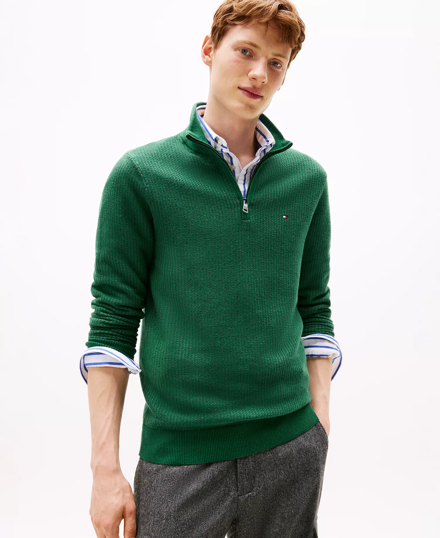 Men's Pima Cotton Cashmere Two-Tone Zip Mock Neck Sweater - Ornamental Green - L