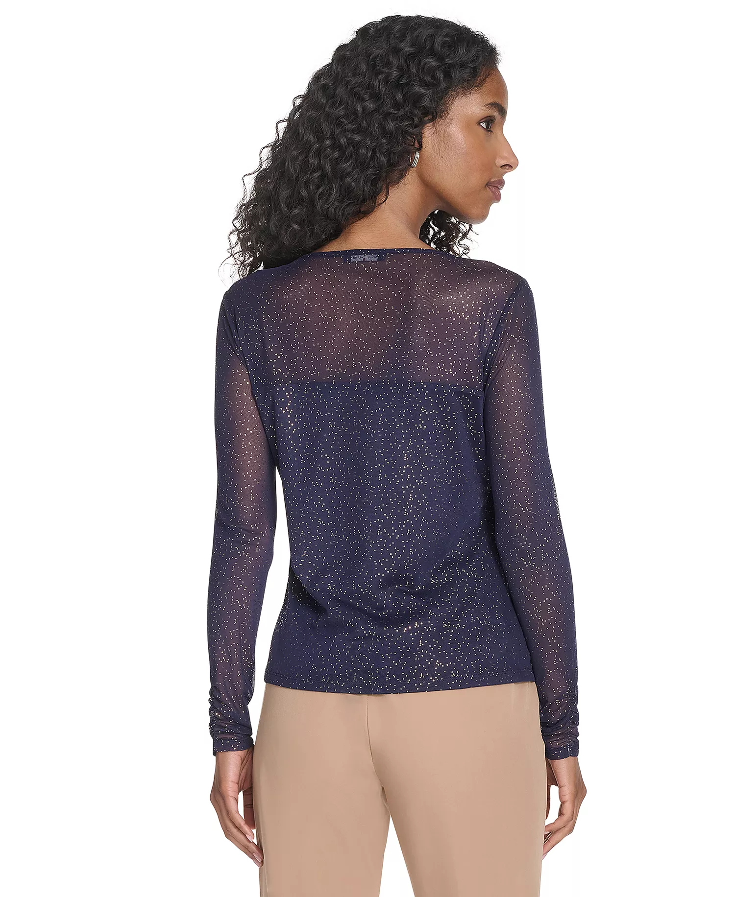 Women's Crew Neck Pleated Lurex Dot Top - Navy/ Gold - L