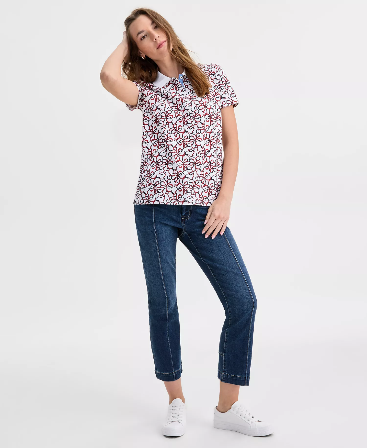 Nautica Women's Ribbons Short-Sleeve Polo Shirt - Bright White Multi - L