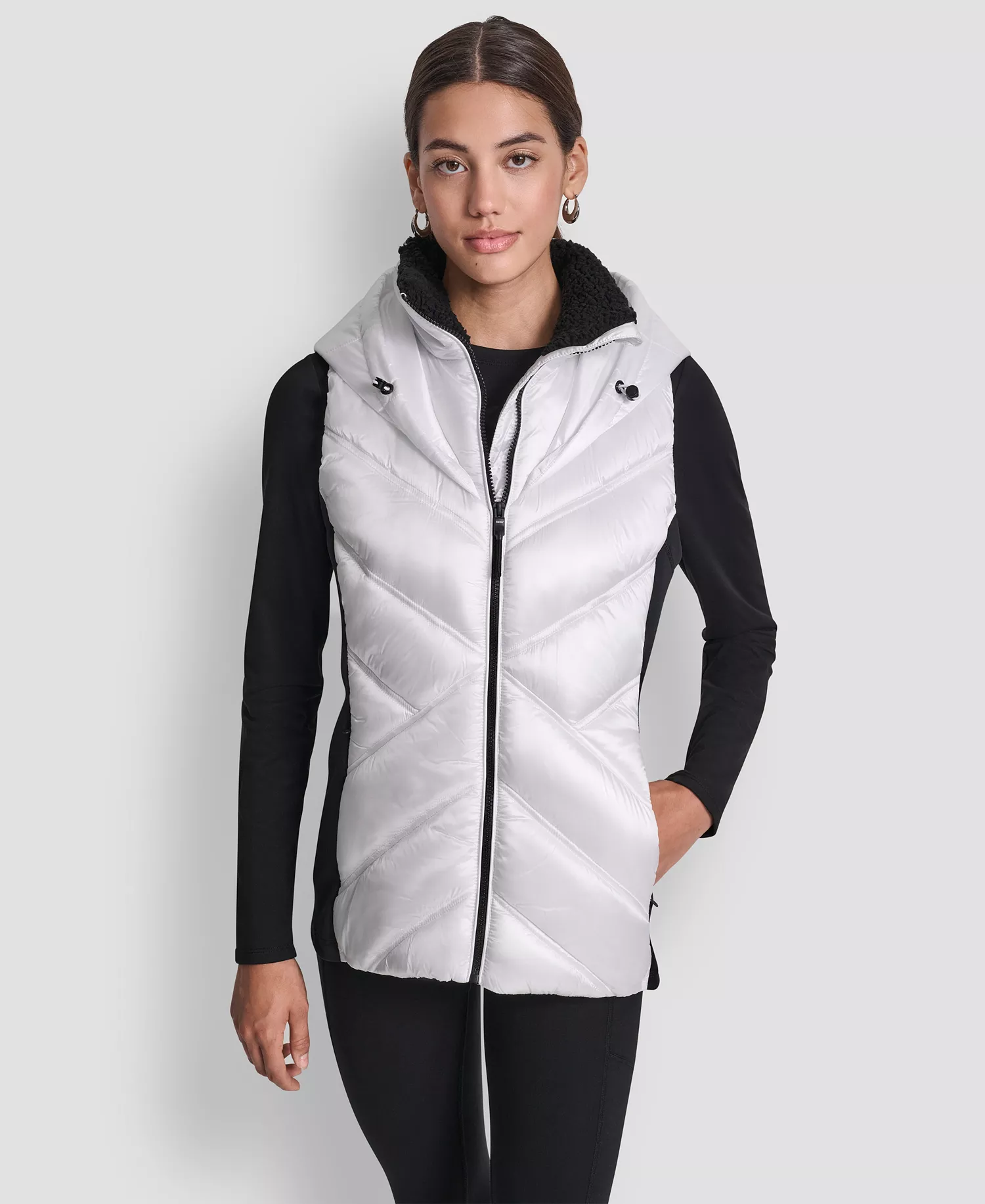 Women's Contrast Collar Hooded Puffer Vest - Liquid White - L