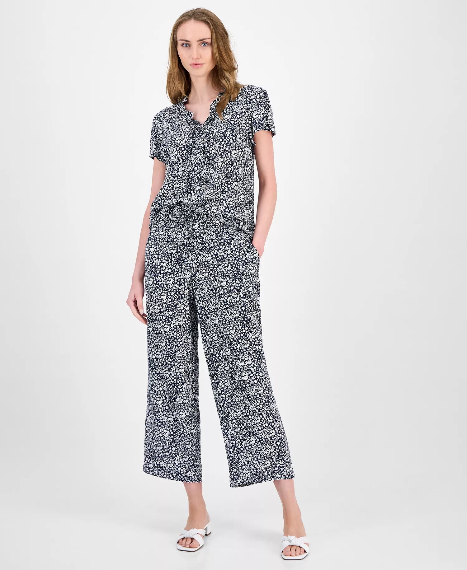 Women's Floral Lace-Up Short-Sleeve Blouse - Sky Captain Multi - L