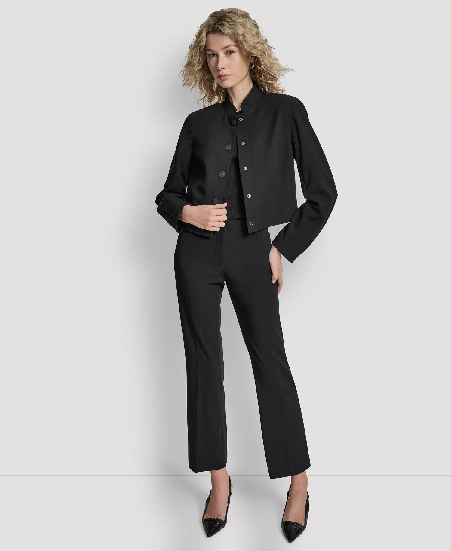 Women's Mandarin Collar Button Front Cropped Jacket - Black - 0