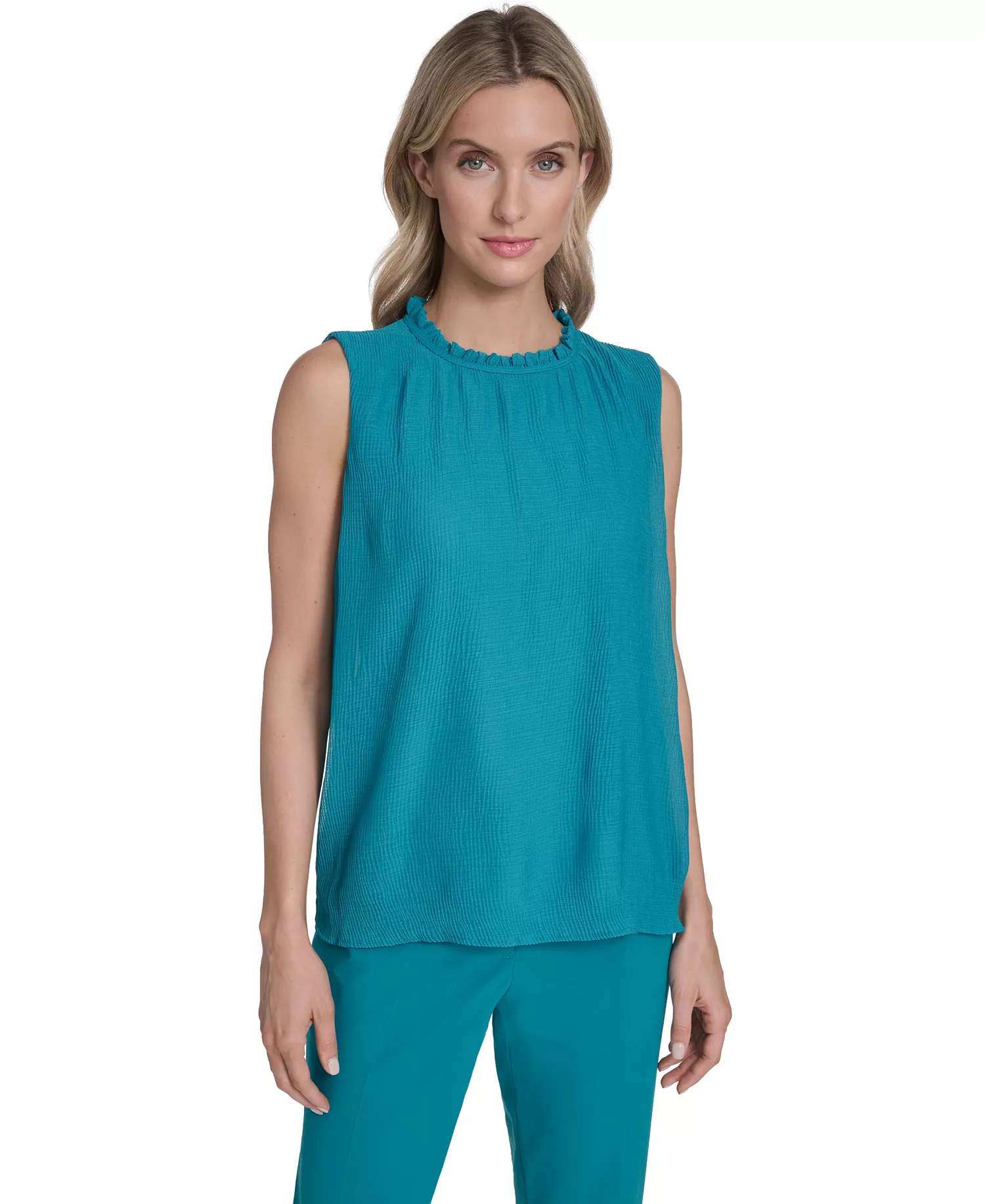 Women's Sleeveless Ruffle Neckline Top - Petrol - L