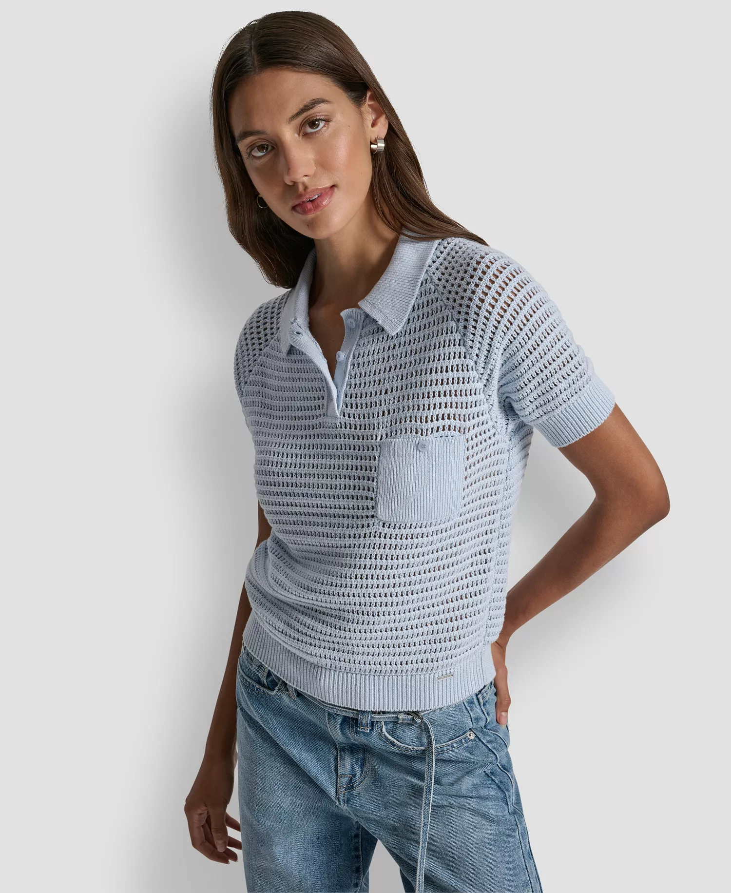 Women's Short-Sleeve Polo Collar Faux Crochet Stitch Sweater - Frost Blue - L