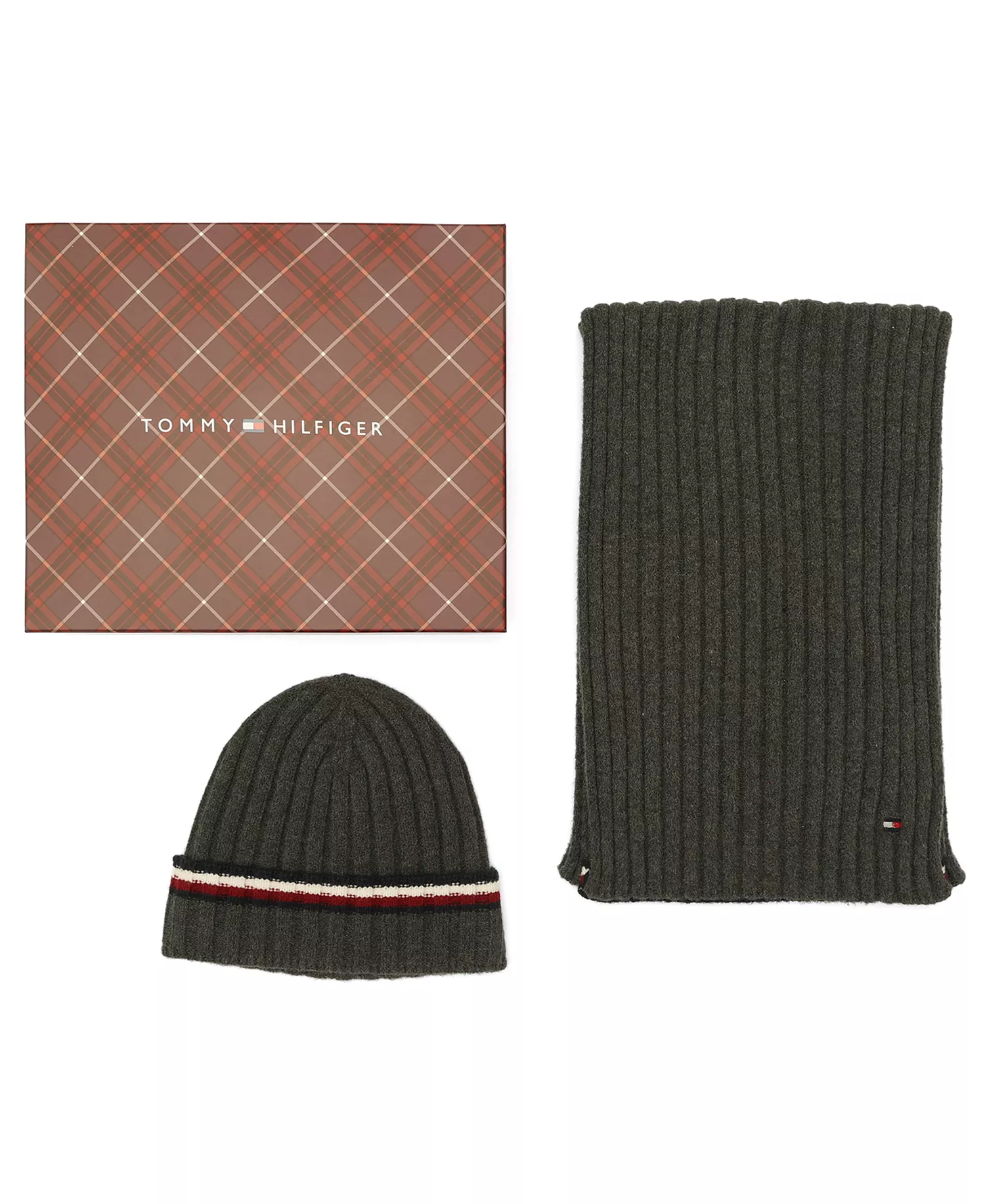 Men's 2-Piece Wide Rib Global Stripe Cuff Beanie and Scarf Set - Dark Grey Heather - ONE SIZE