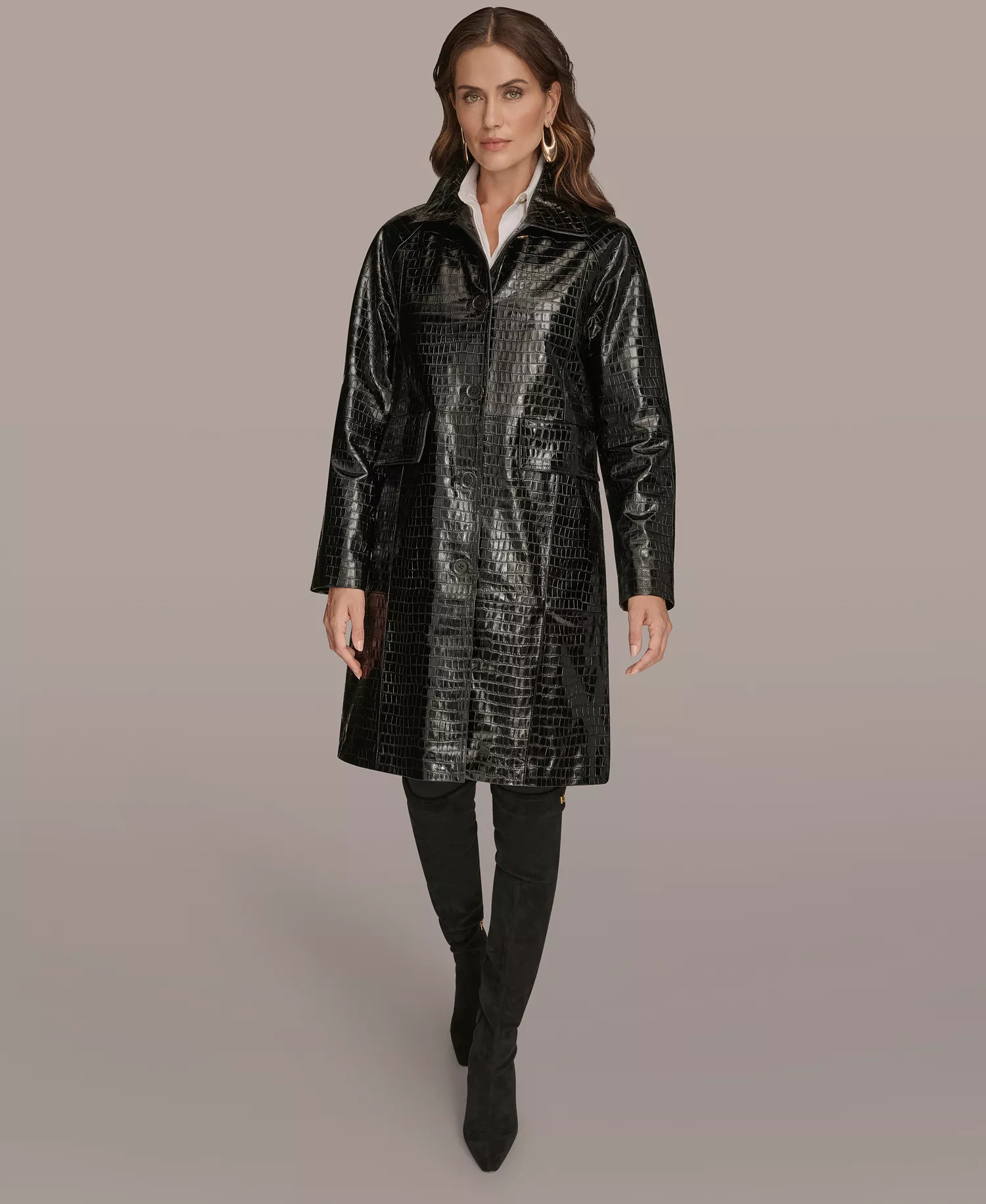 Women's Balmacaan Coat - Black Croc - M