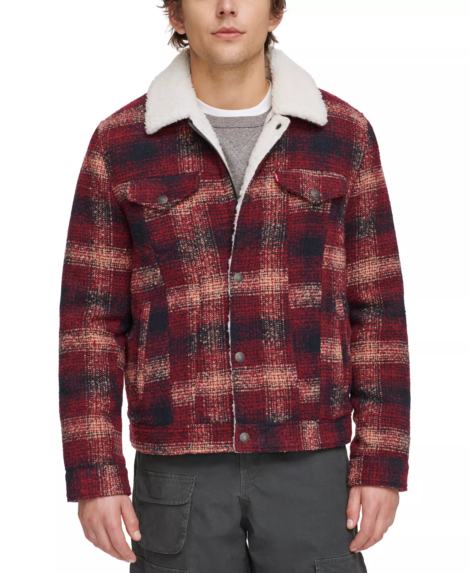 Men's Plaid Fleece-Lined Trucker Jacket - Red Multi - 2XL