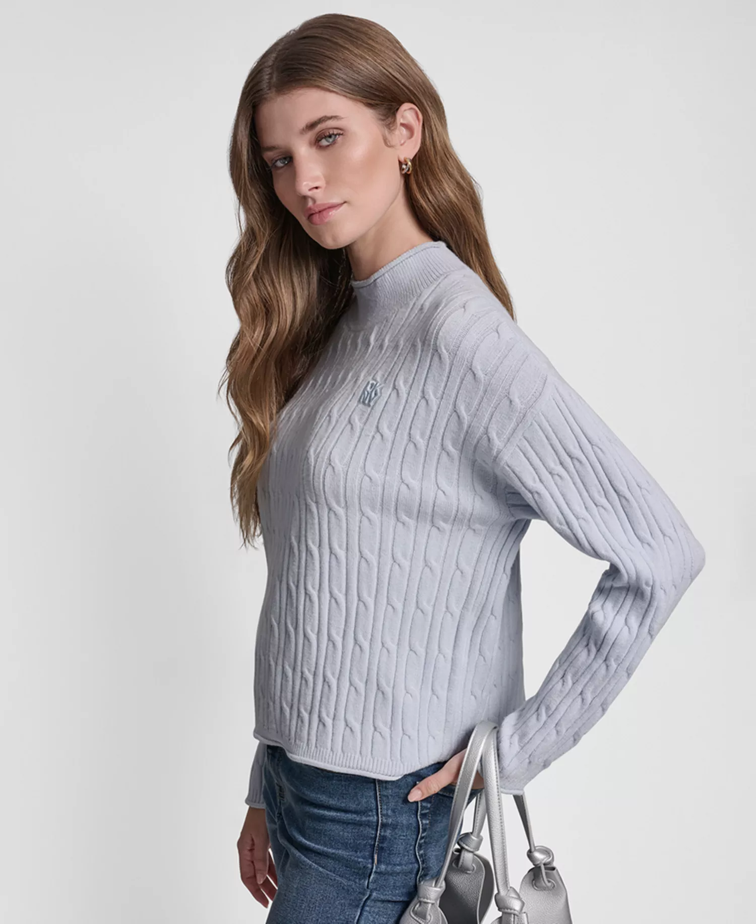 Women's Mock Neck Drop Shoulder Cable Sweater - Frost Blue/Silver - L