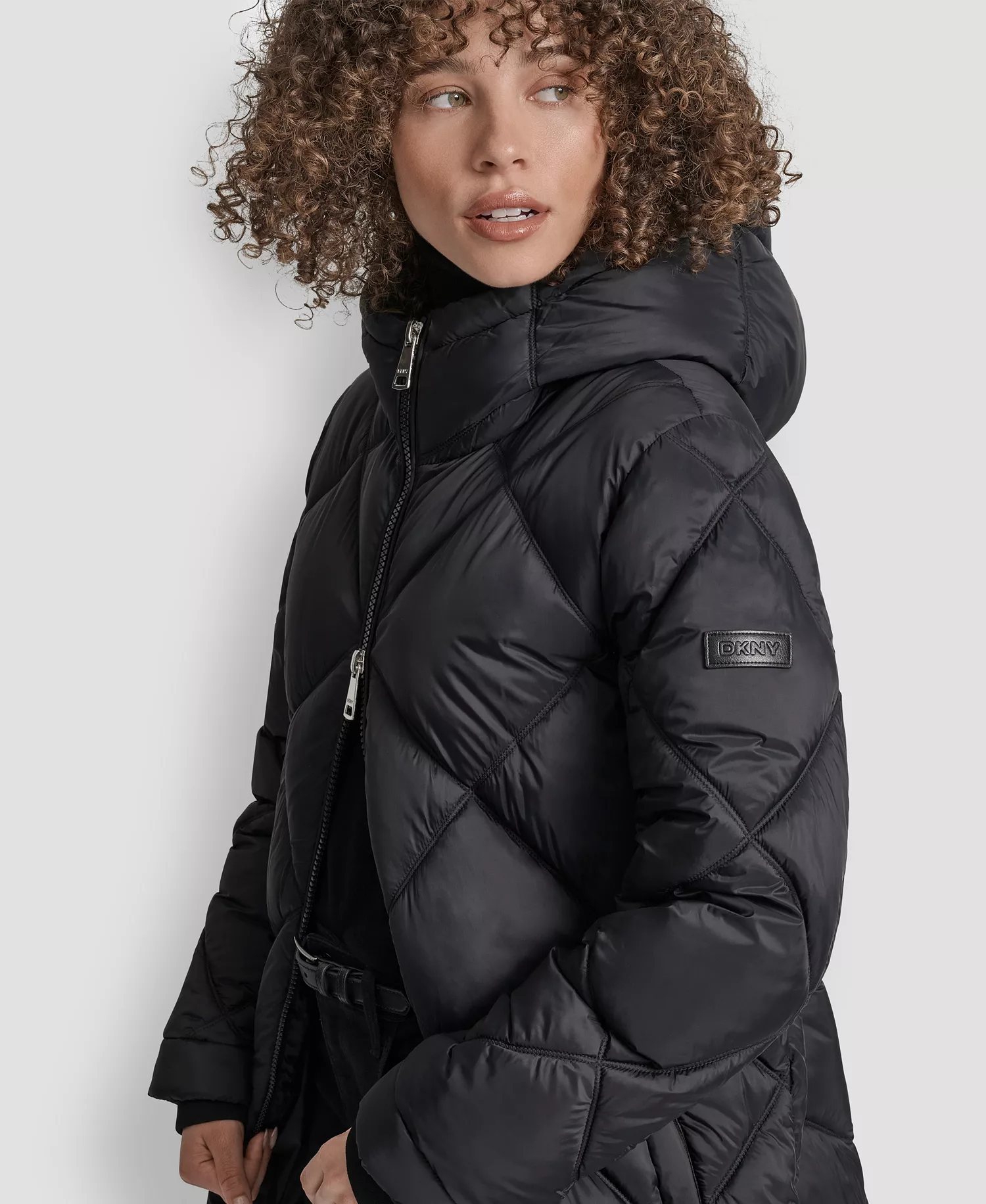 Women's Diamond Quilted Hooded Puffer Coat - Black - L