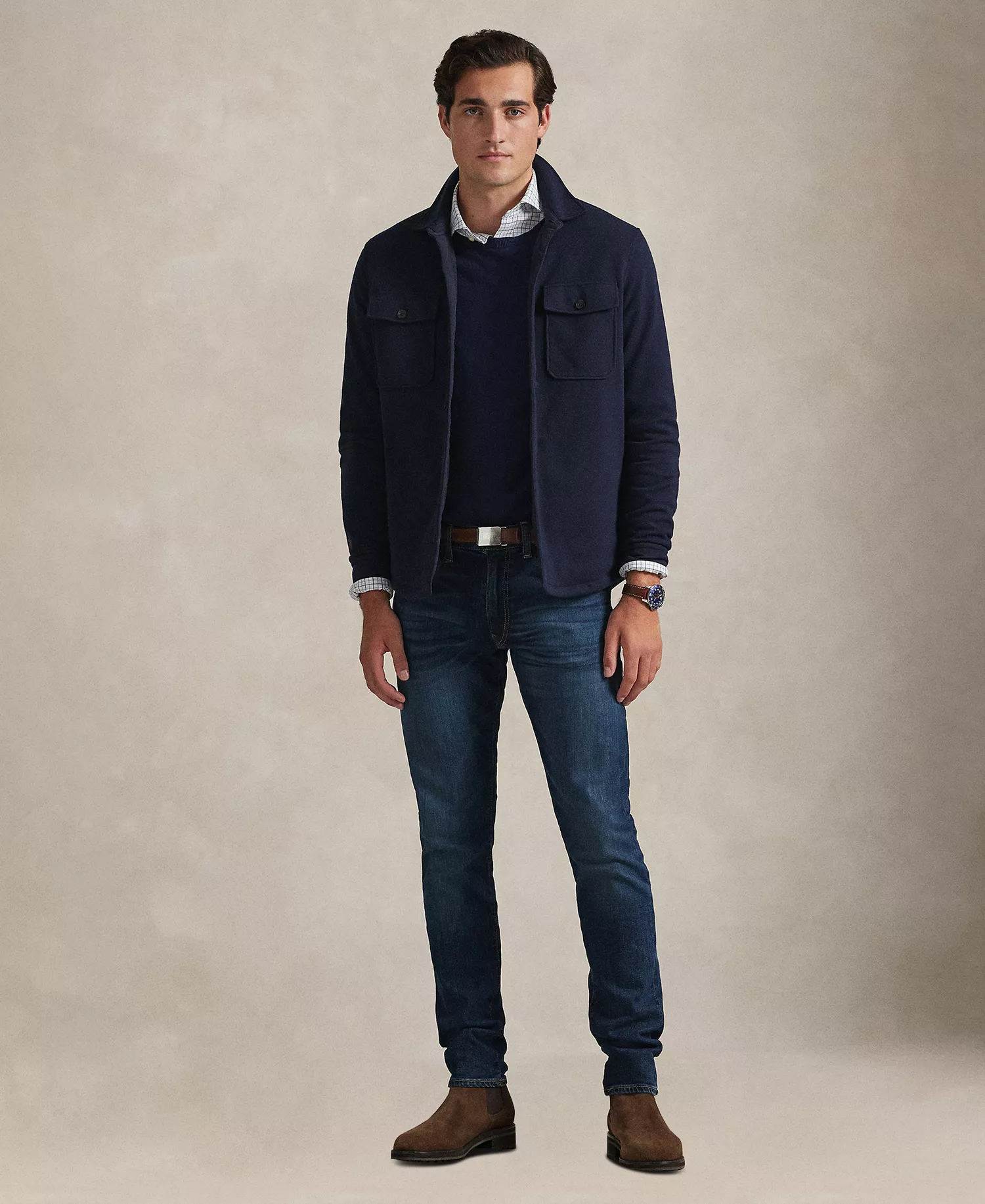 Men's Long-Sleeve Double Knit Tech Hybrid Shirt Jacket - Aviator Navy - L