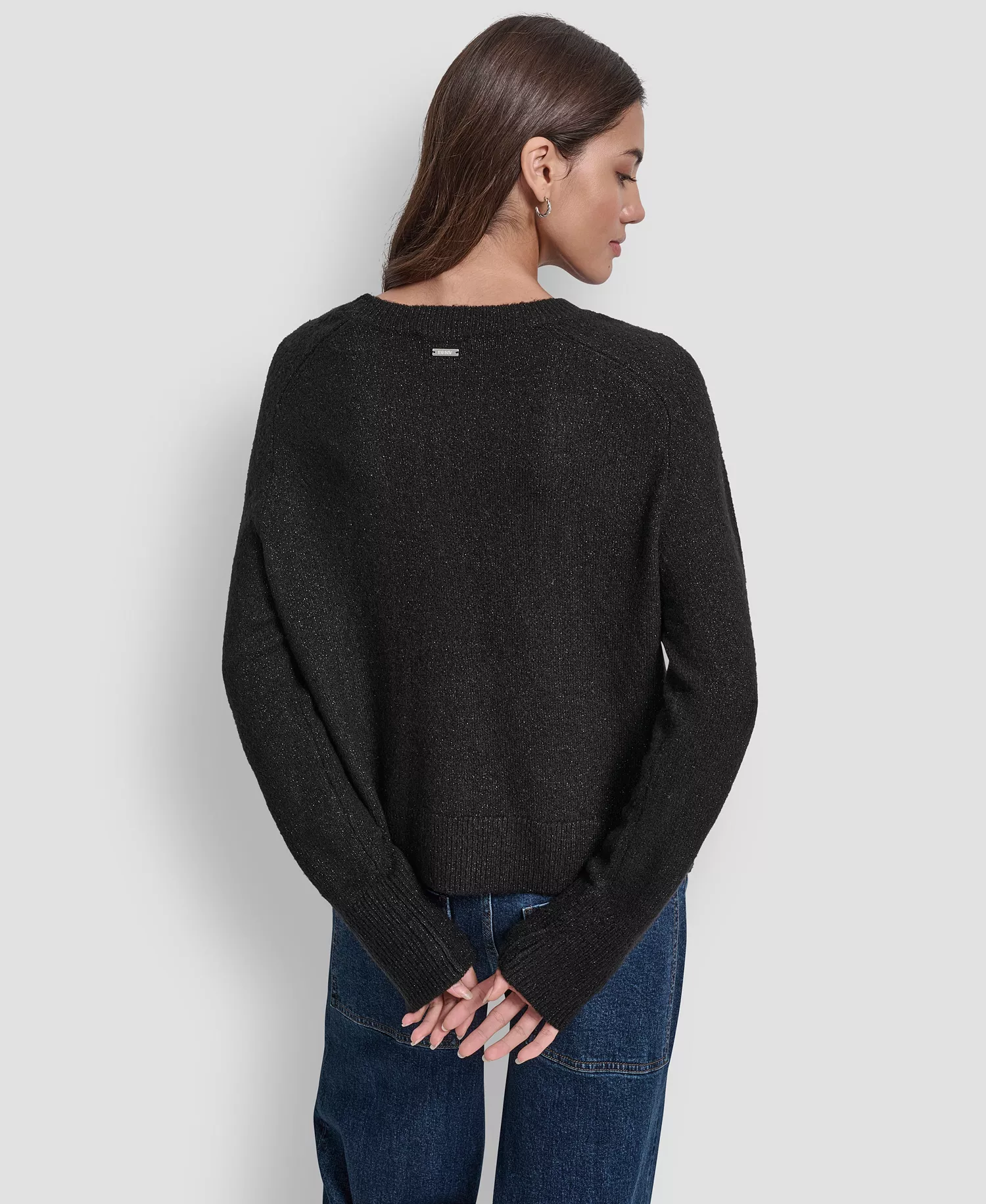 Women's Metallic Crewneck Long-Sleeve Sweater - Black - L
