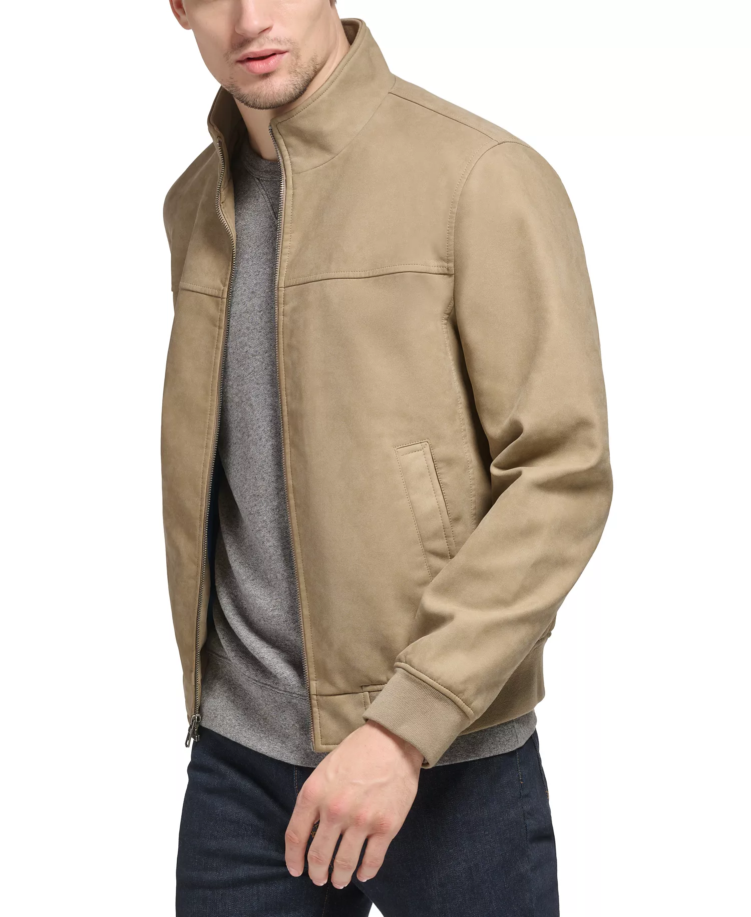 Men's Faux Leather Stand Collar Bomber - Sand - M