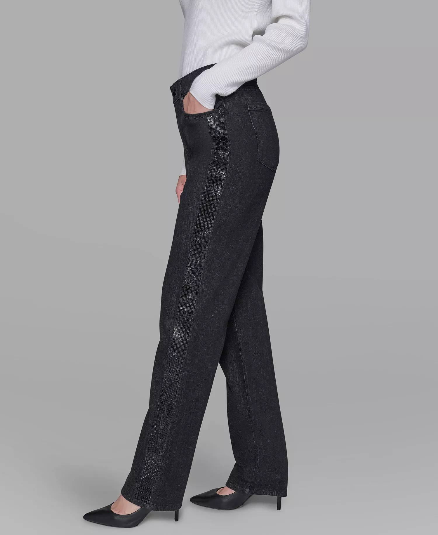 Women's Rhinestone-Stripe Straight-Leg Jeans - Black - 10