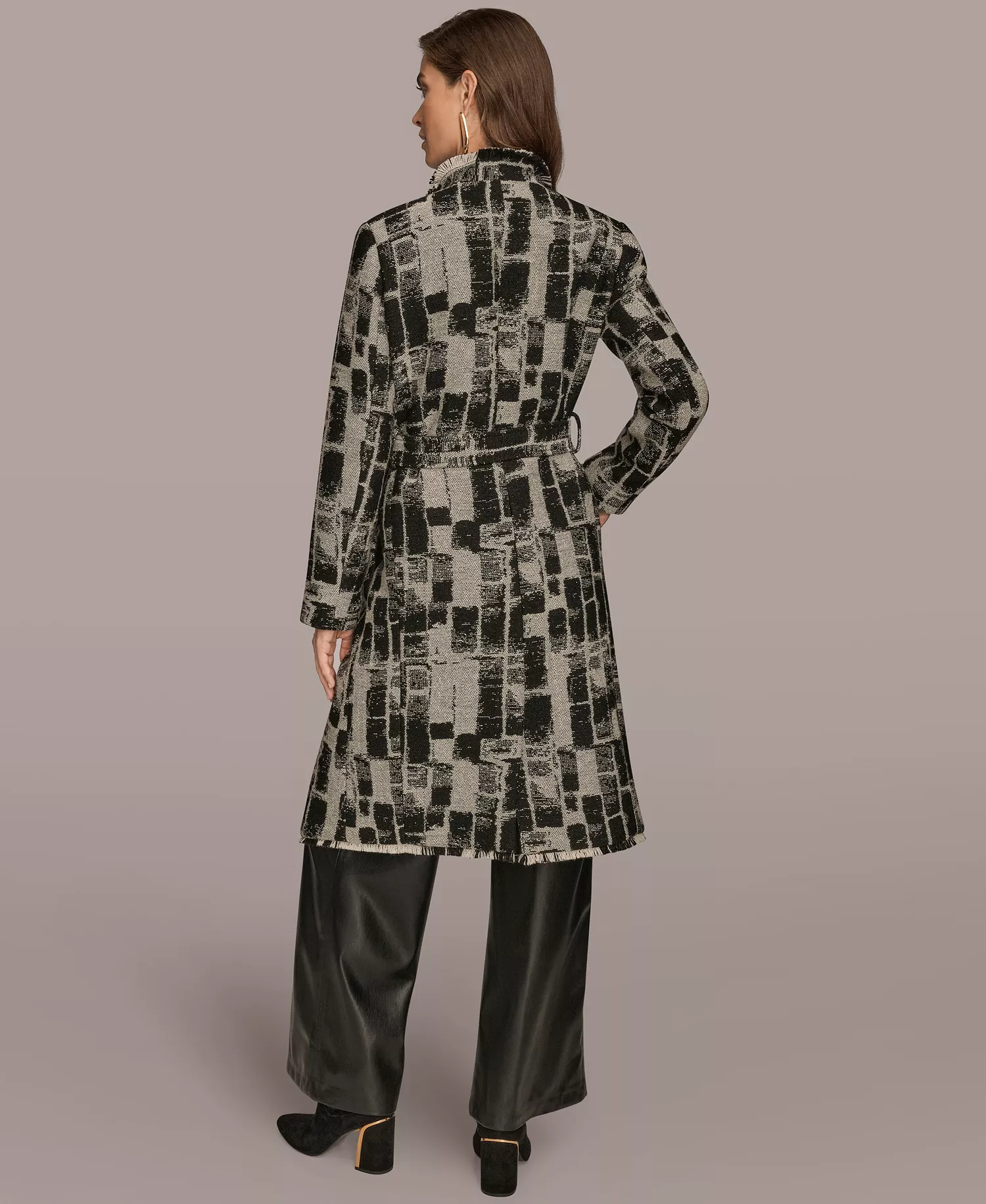Women's Collared Self Belt Coat - Black/Cream - L