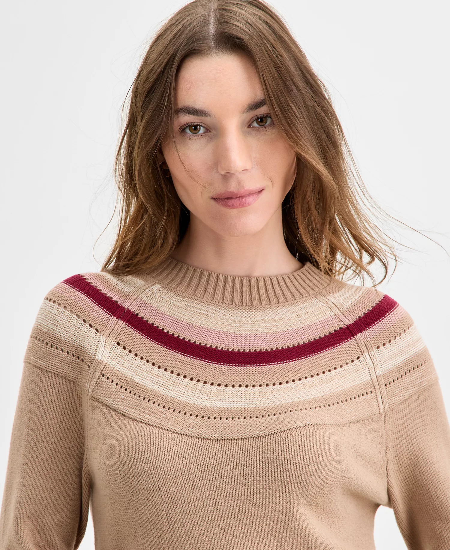 Nautica Women's Striped Yoke Crewneck Sweater  - Camel Multi - L