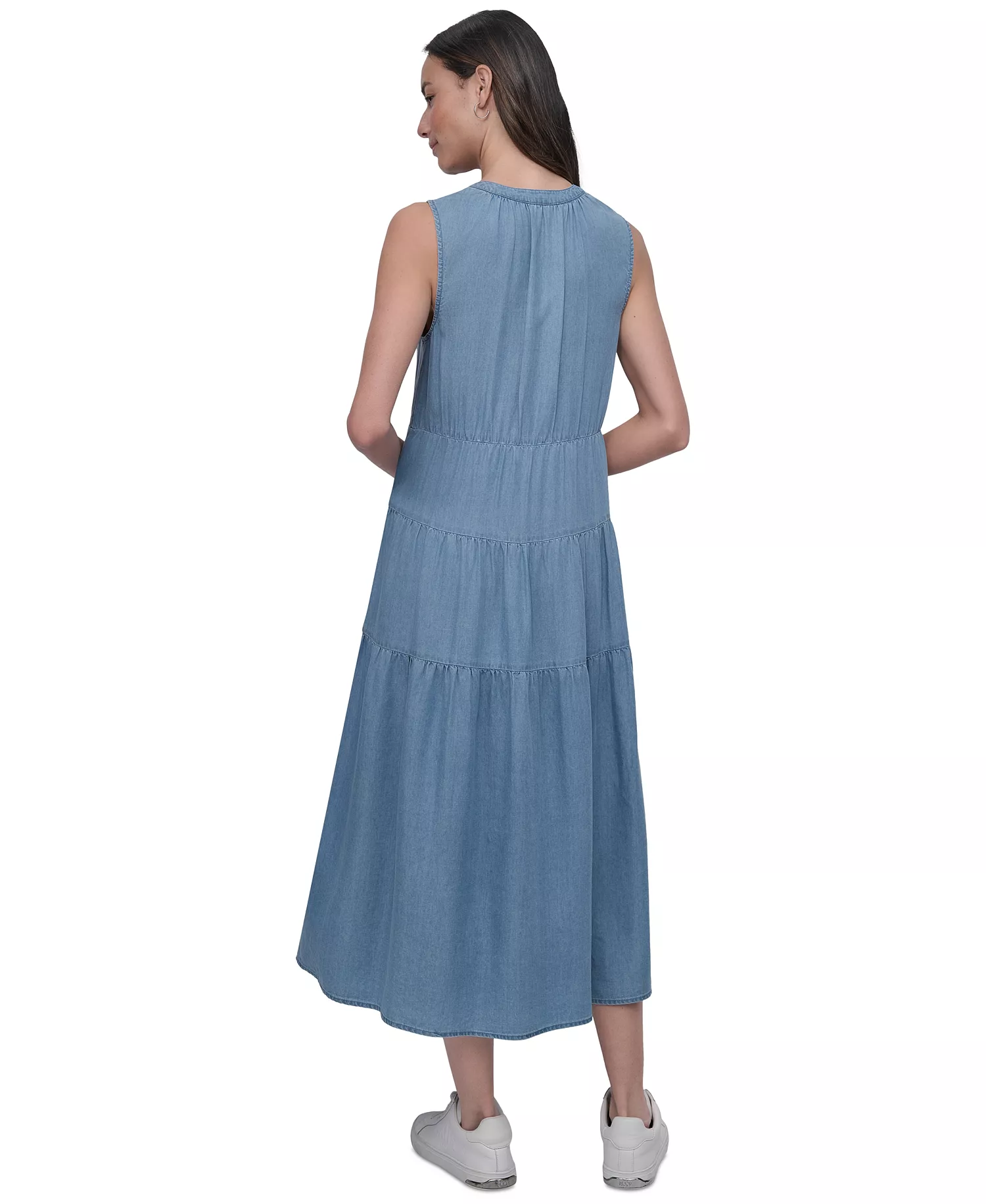 Women's Sleeveless Tiered Midi Dress - FJZ - CHAMBRAY - L