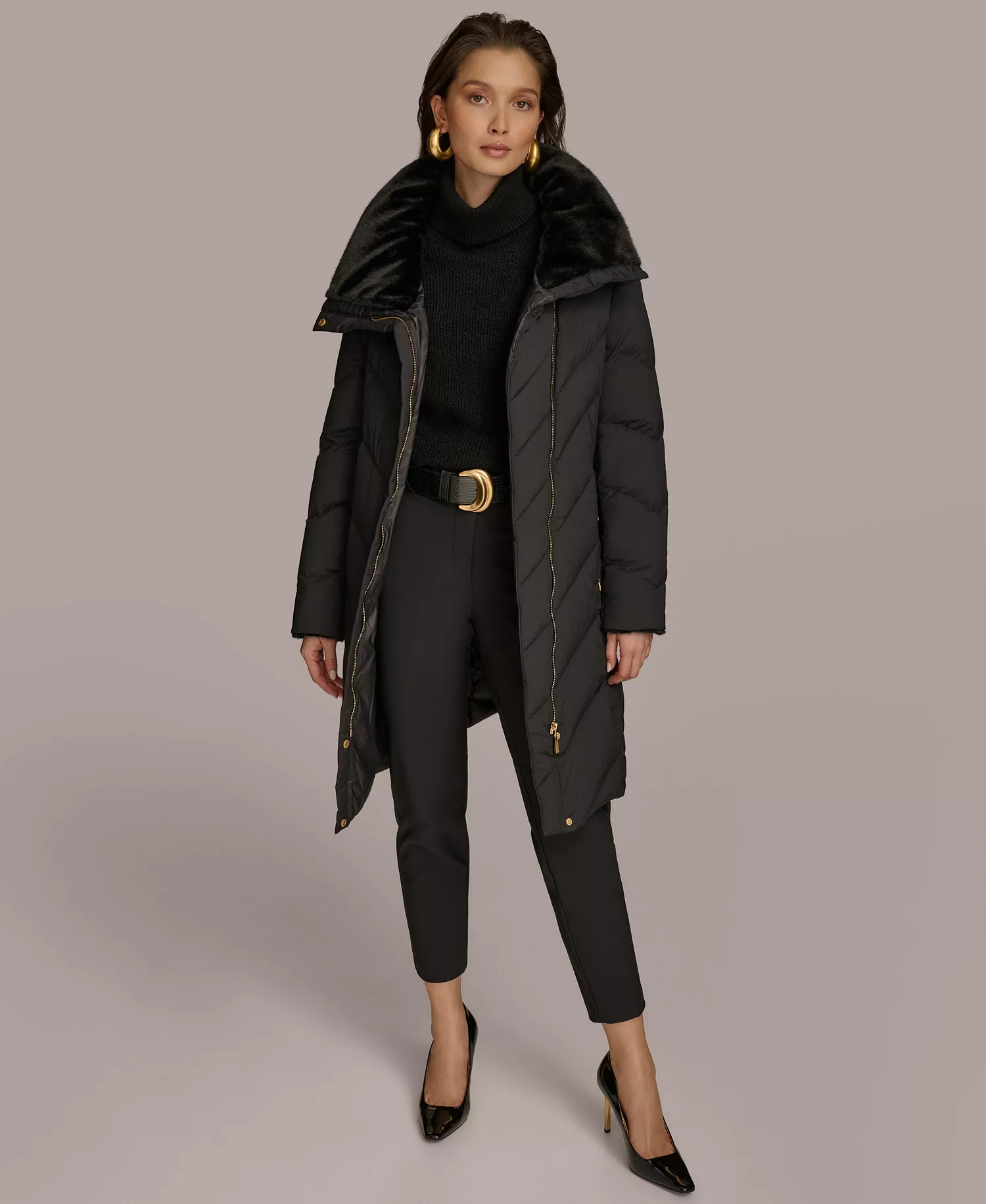Women's Stretch Zip Closure Coat - Black - L