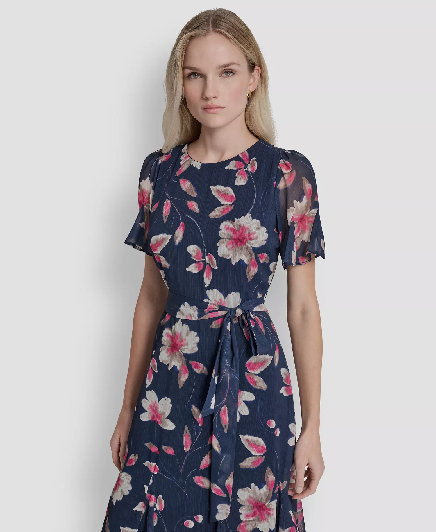 Women's Short Godet-Sleeve Jewel Neck Midi Dress - Indigo Multi - 10