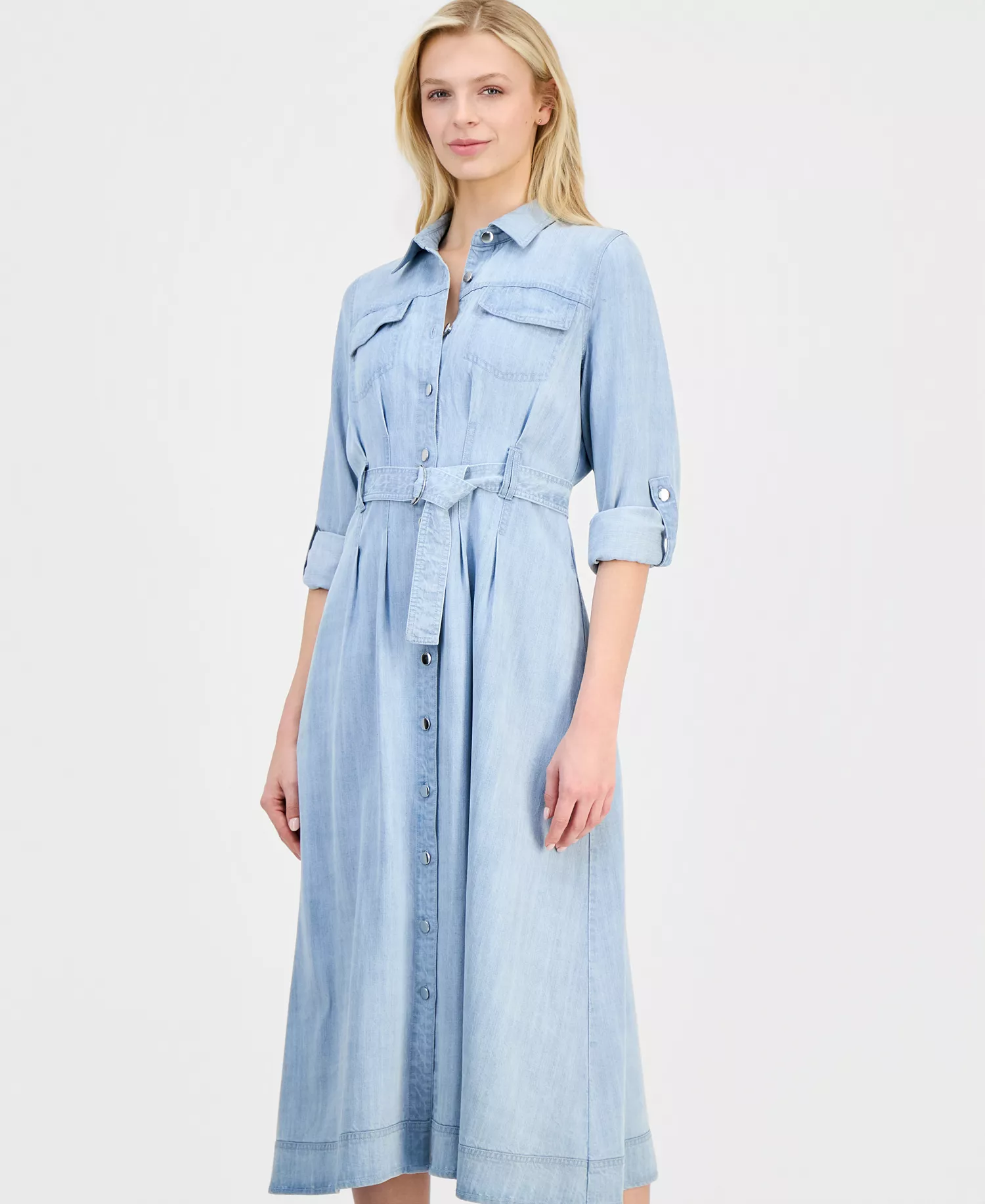 Women's Roll-Sleeve Denim Midi Shirtdress - Light Wash - 10