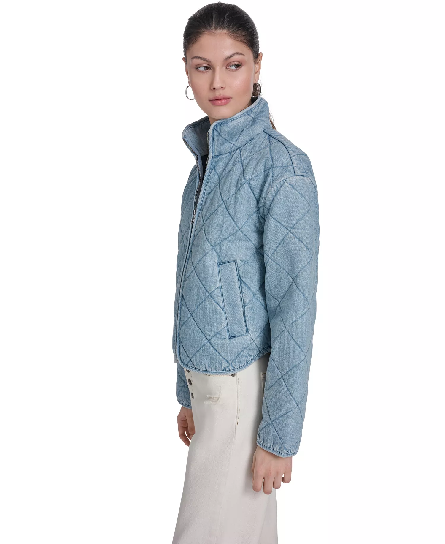 Women's Diamond-Quilted Cotton Jacket - Light Wash Denim - L