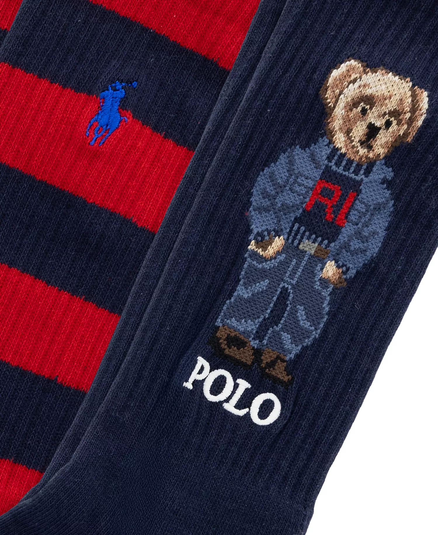 Men's Denim Bear and Stripe Crew Socks, 2-Pack - Navy/Red - 10-13