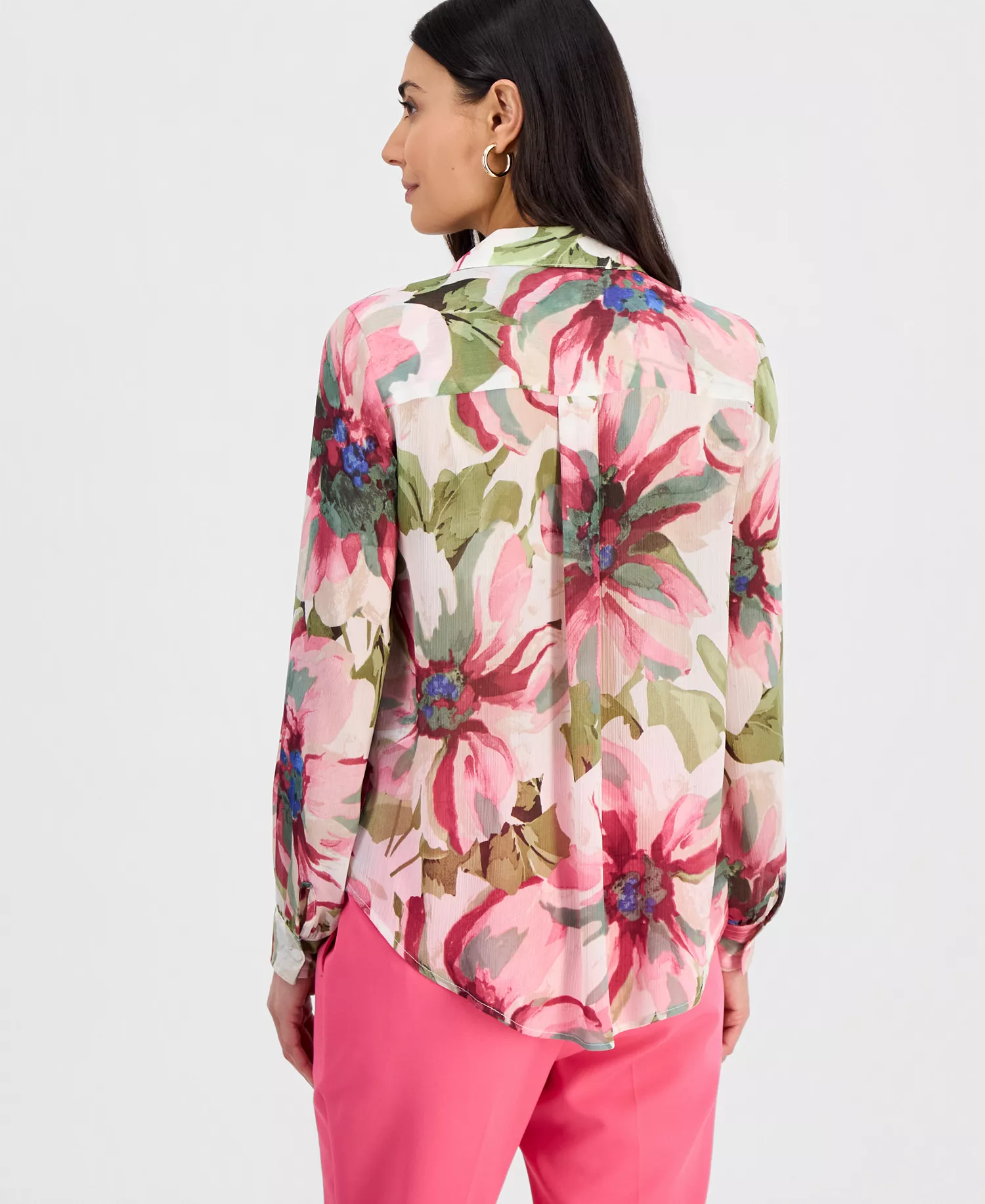 Petite Printed Long-Sleeve Blouse, Created for Macy's - Farrah Bouquet - P/L
