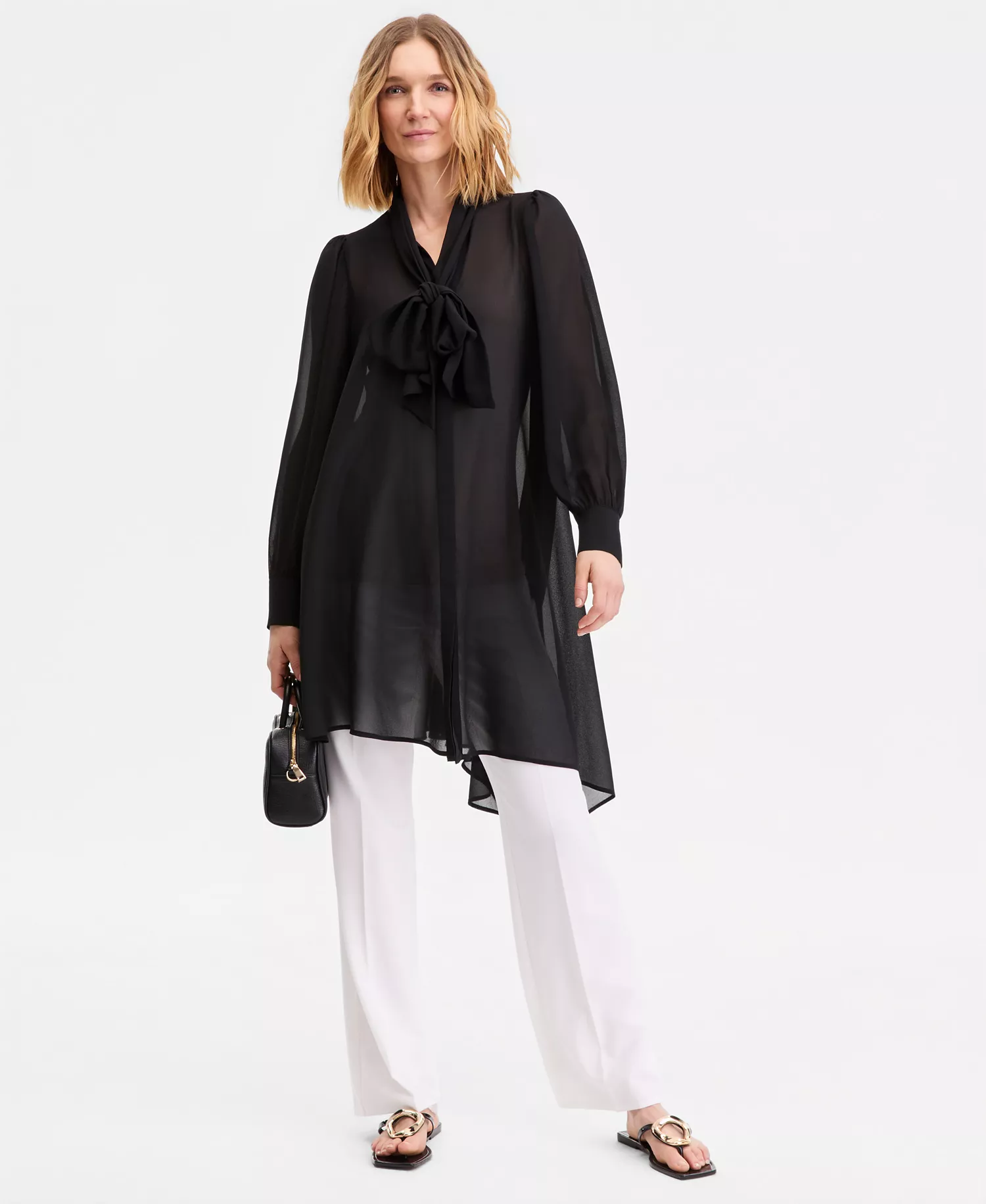 Women's Long Sleeve Bow-Neck Chiffon Tunic, Macy's Exclusive - Deep Black - L