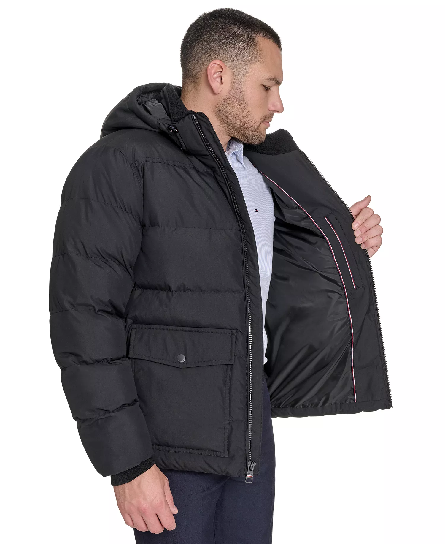 Men's Two Pocket Hooded Puffer Jacket - Black - 2XL
