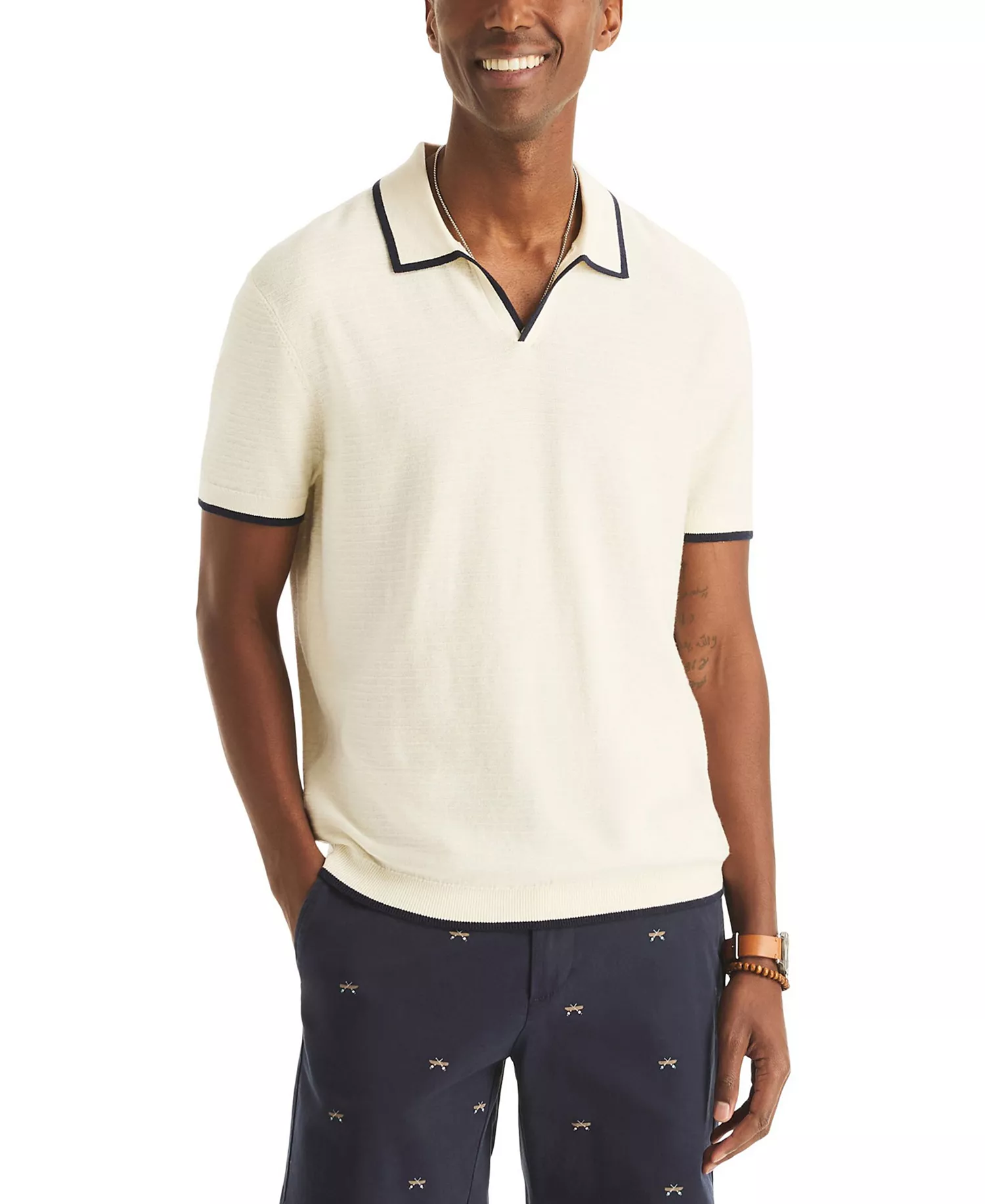 Men's Textured Short-Sleeve Polo Shirt - Almond - L