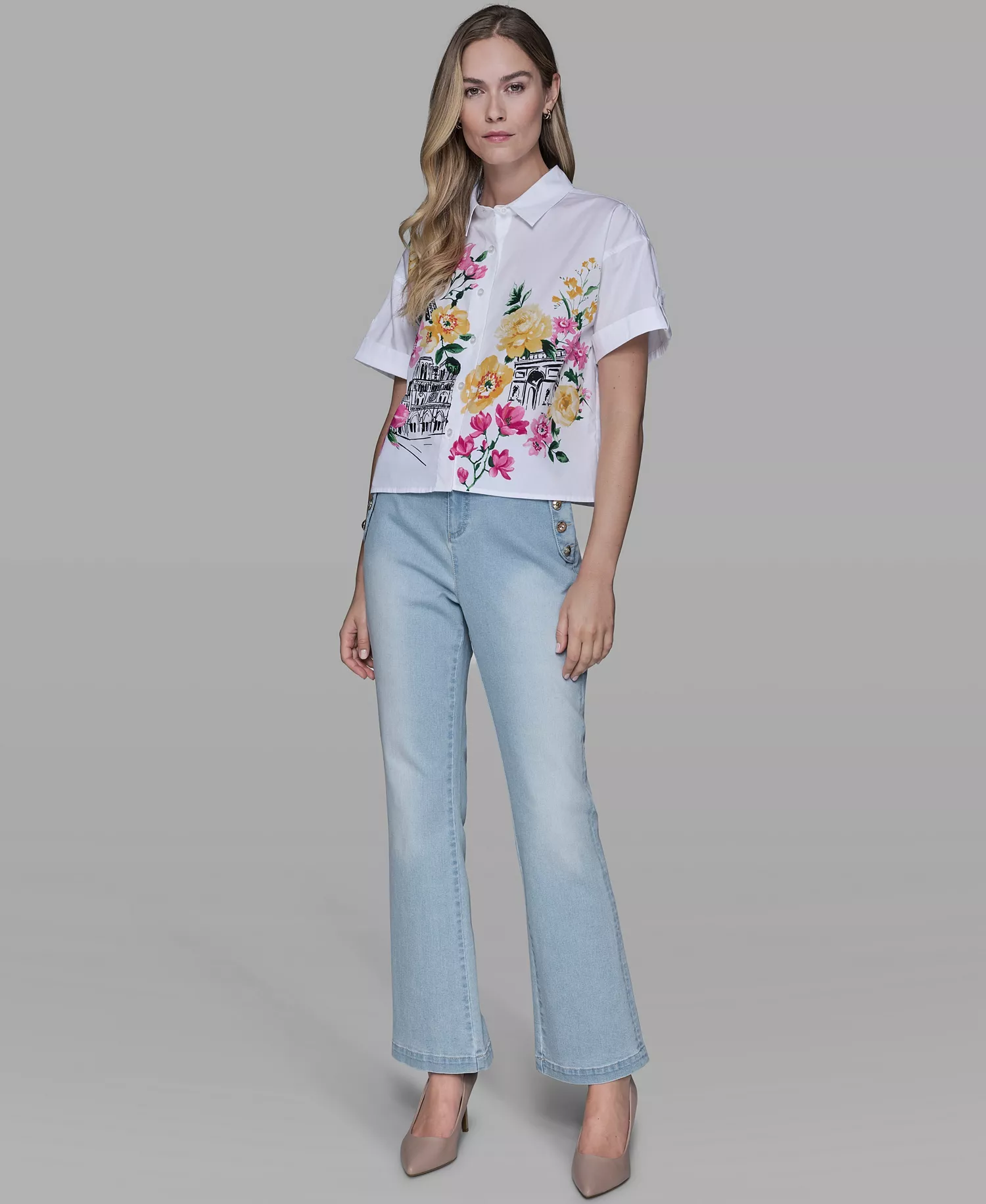 Women's Floral Collared Neck Blouse - White - L