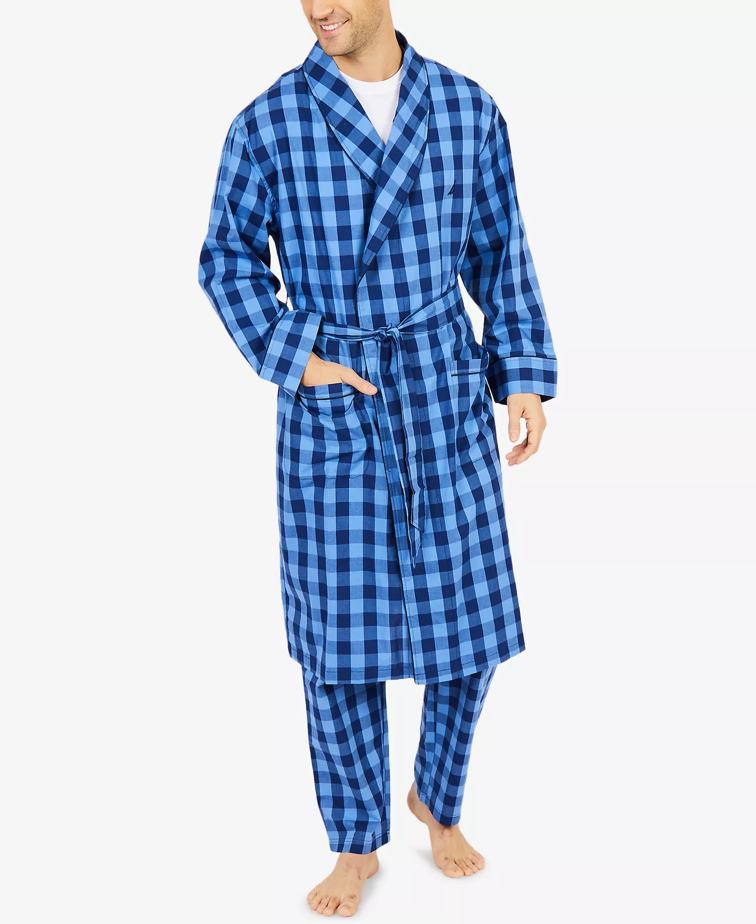 Men's Buffalo Plaid Shawl-Collar Cotton Robe - Navy - S/M