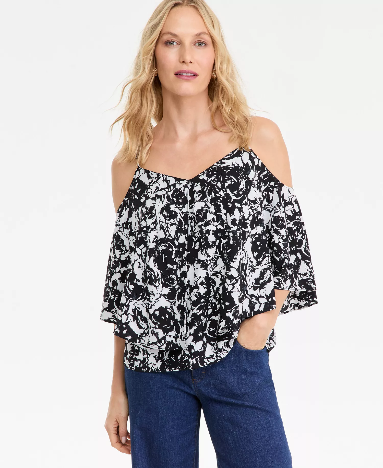 Women's Printed Cold-Shoulder Short-Sleeve Ruffled Top, Macy's Exclusive - Bloom Black - L
