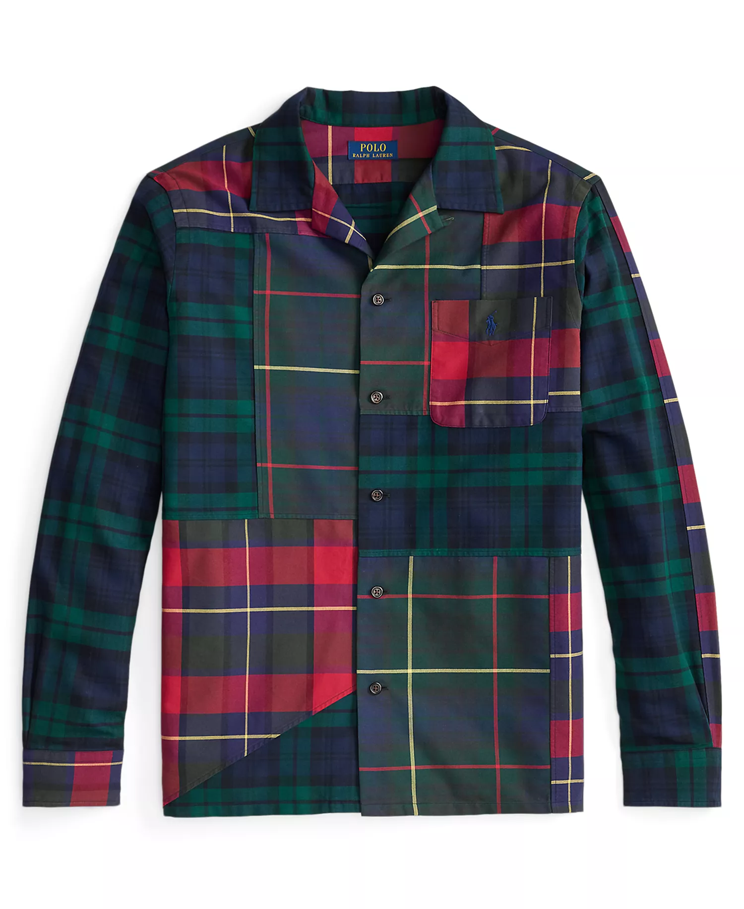Men's Patchwork Oxford Camp Shirt - Tartan Pieced Shirt - XS