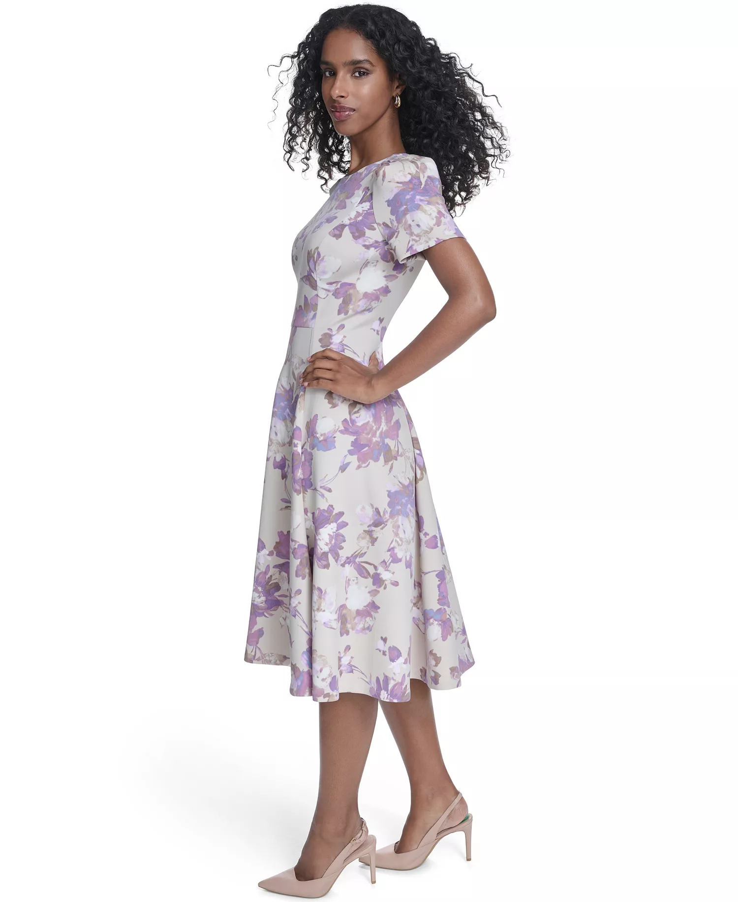 Women's Short-Sleeve Scuba Midi Dress - Khaki/Regal Multi - 10