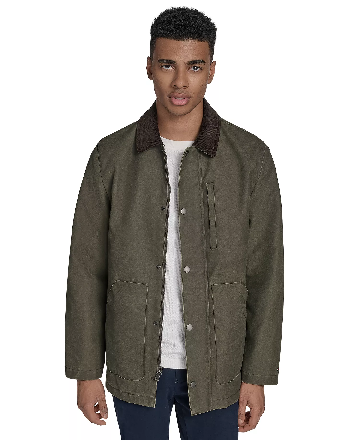 Men's Cotton Barn Coat with Corduroy Collar - Forest Night - L