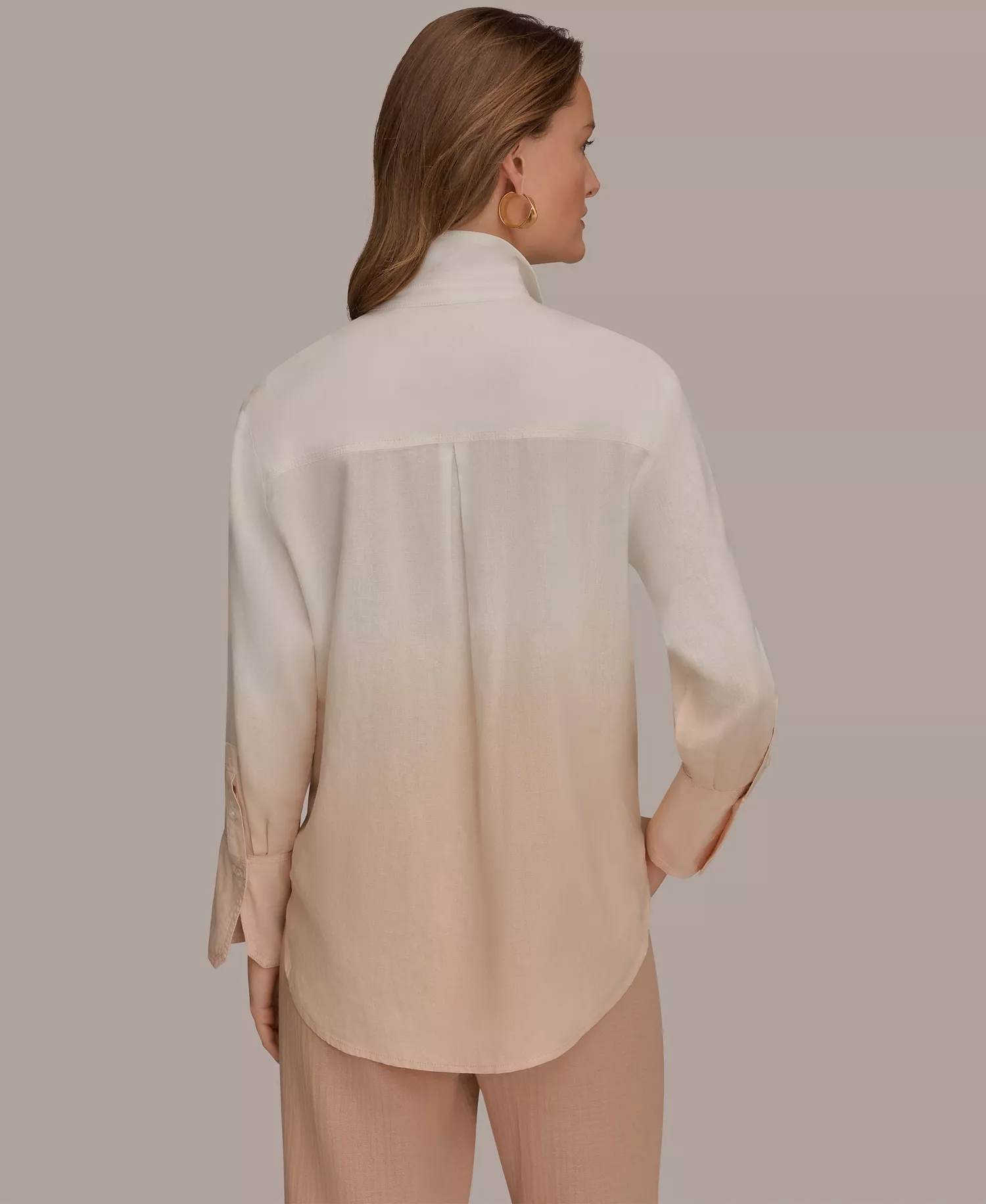 Women's Linen Dip Dye Long-Sleeve Button-Front Shirt - Snow Petal Dip Dye - L