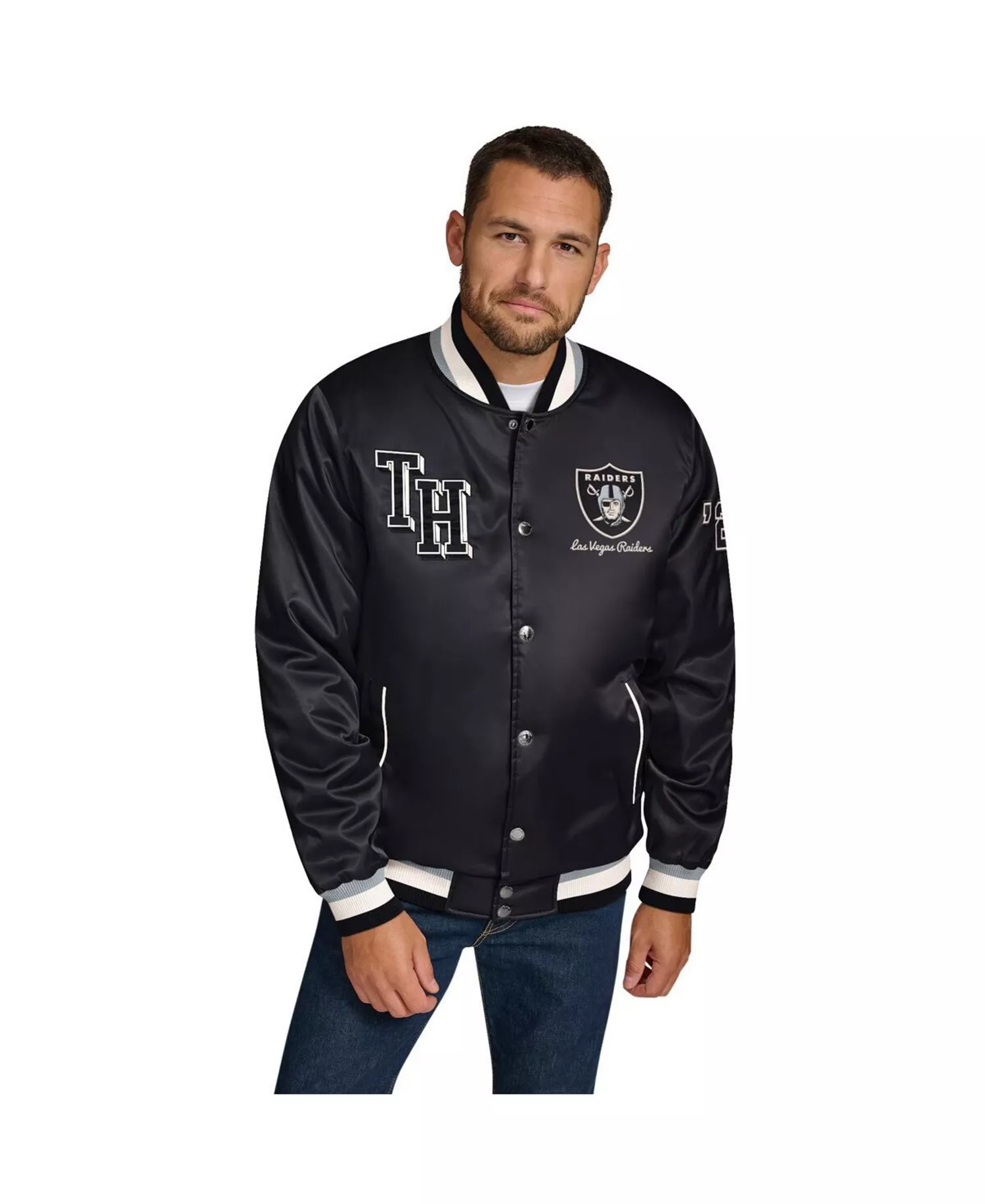 Men's Black Las Vegas Raiders Dante Full-Snap Satin Jacket - Black, Silver - L
