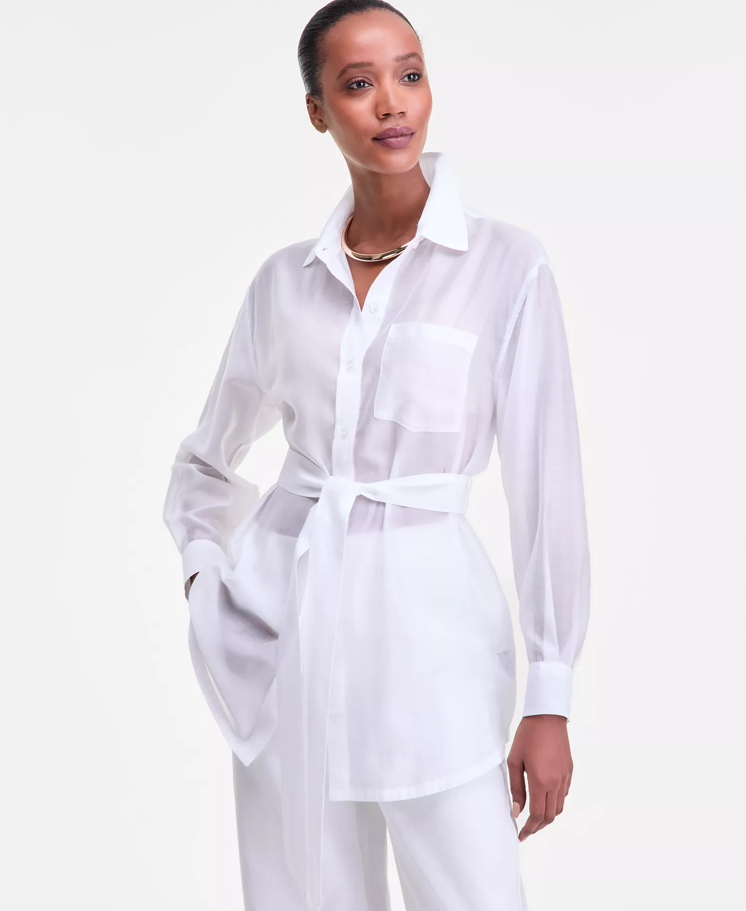 Women's Sash-Tie Tunic Shirt, Macy's Exclusive - Bright White - L