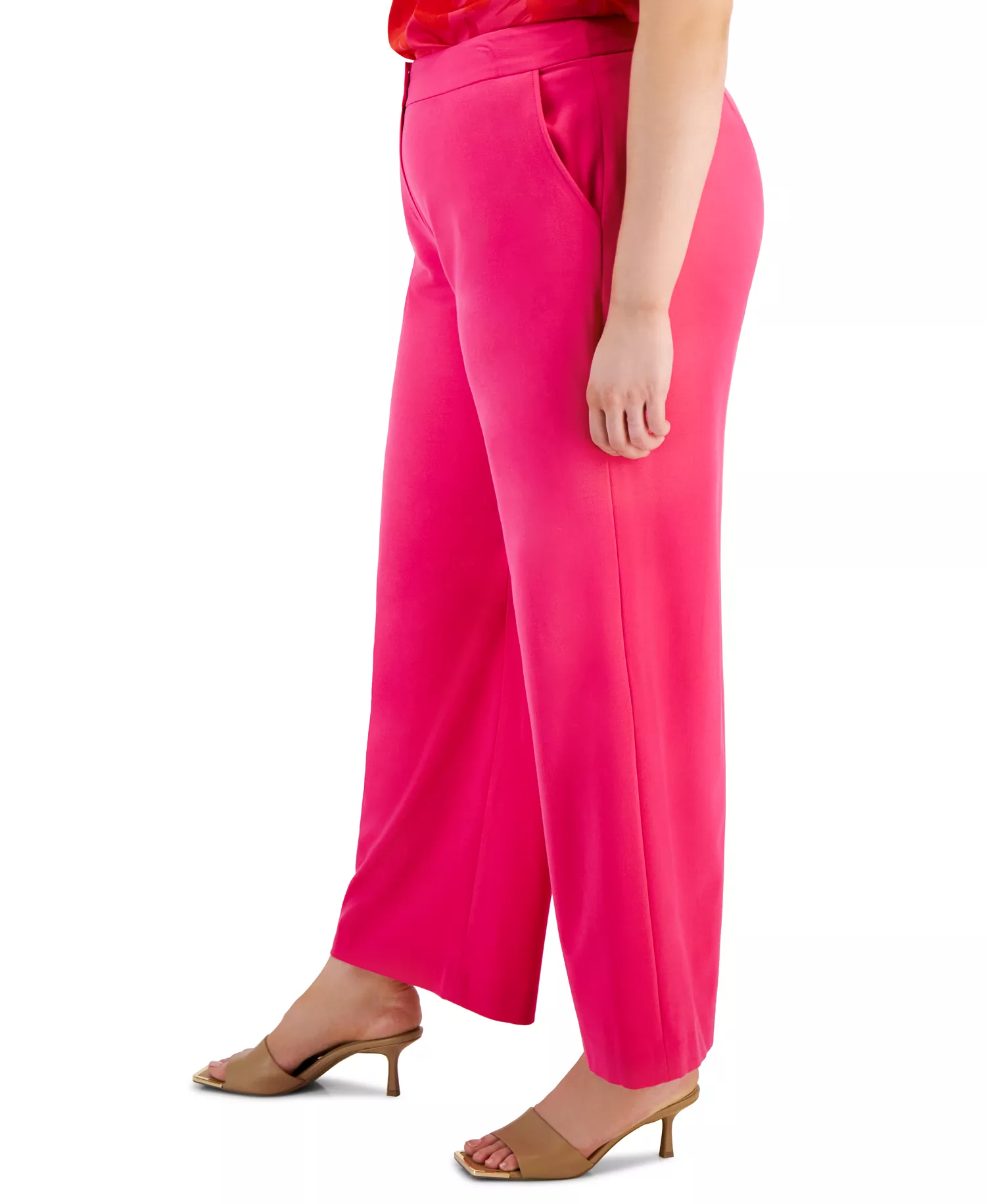 Plus Size Mid-Rise Wide-Leg Full-Length Pants - Hot Pink - 24W