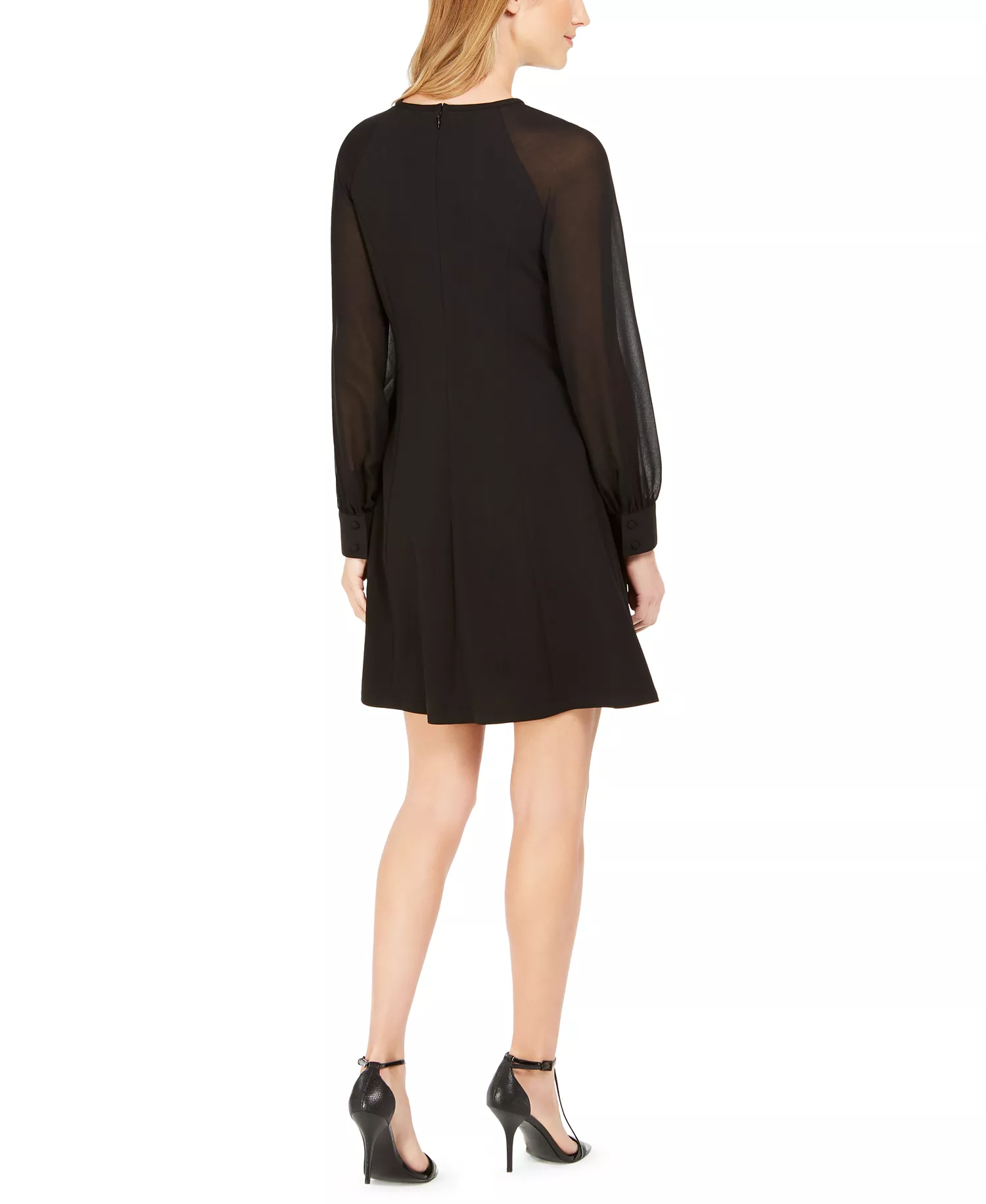 Illusion-Sleeve A-Line Dress - Black - 2