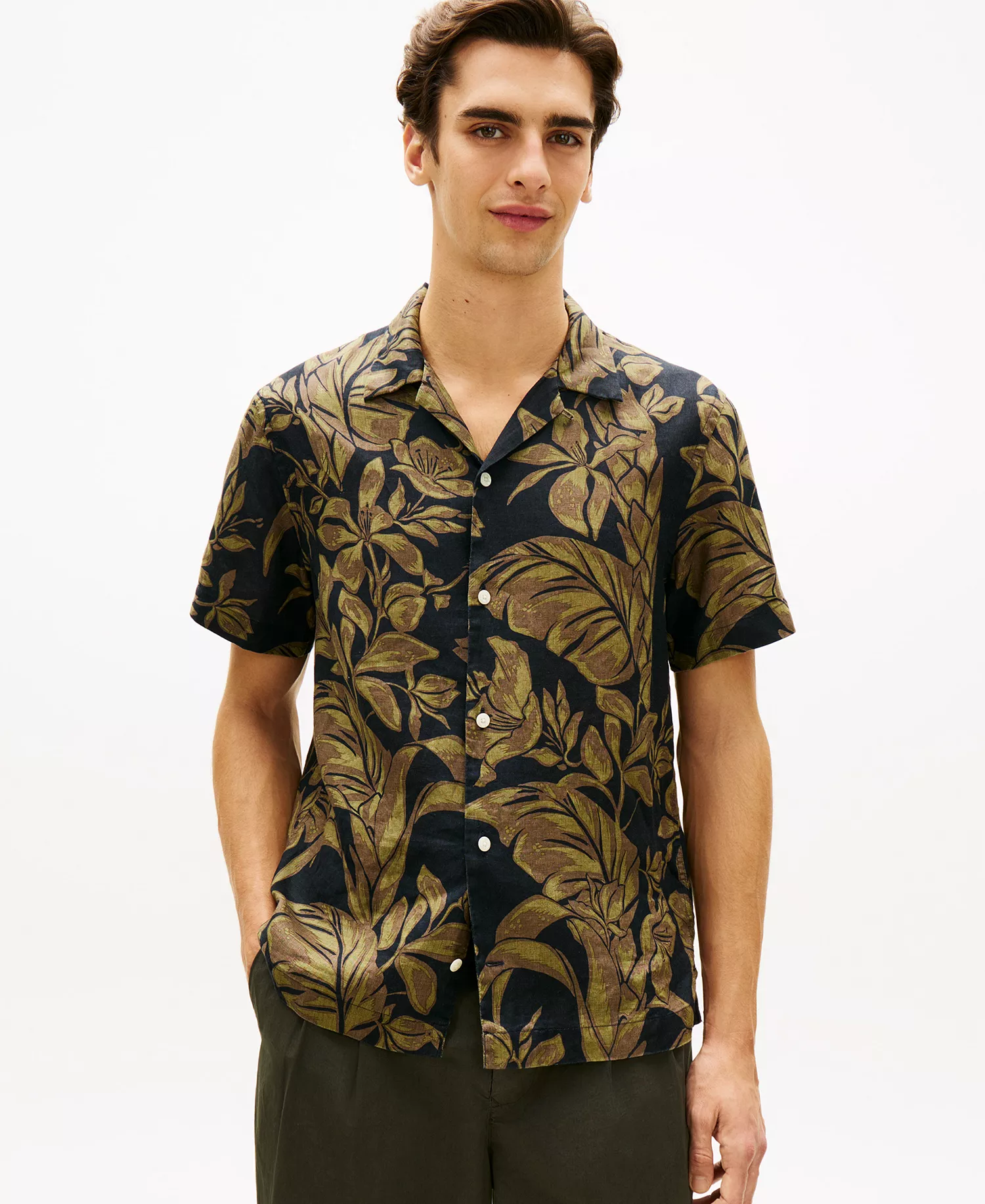 Men's Linen All-Over Floral Short-Sleeve Print Shirt - Dark Night Navy/Allover - L