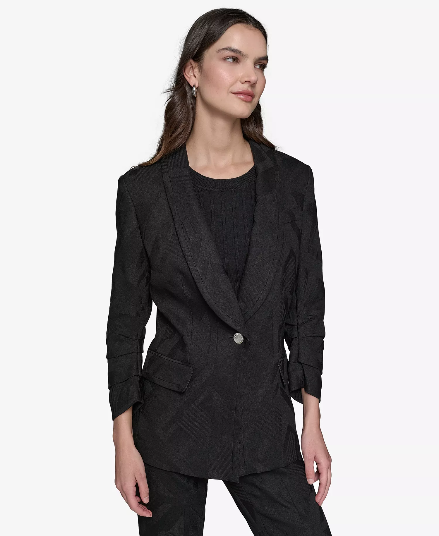 Jacquard Shawl-Collar Blazer, Tie-Neck Blouse & Jacquard Wide-Leg Pants - Black - 10