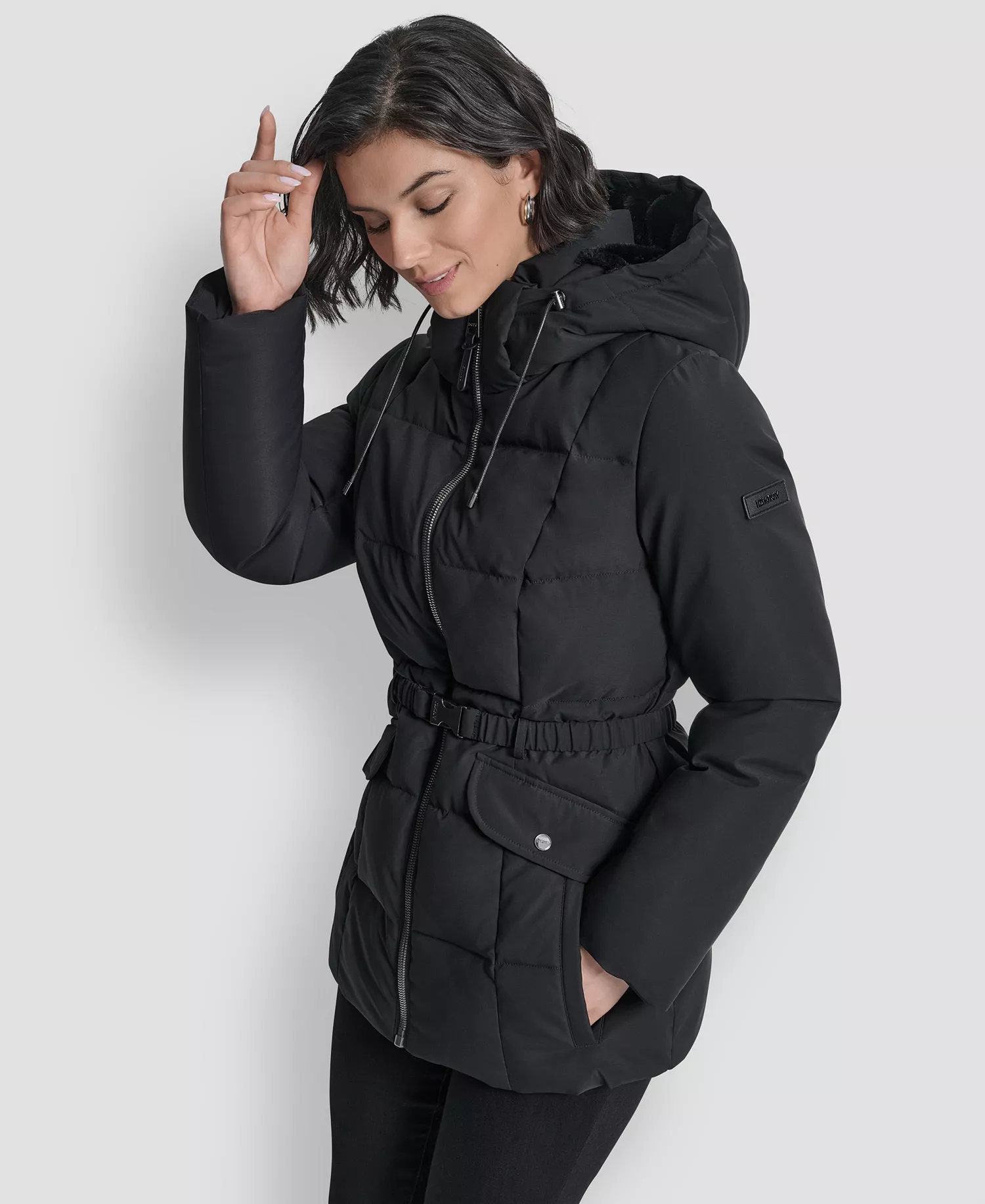 Women's Belted Hooded Puffer Coat - Black - L